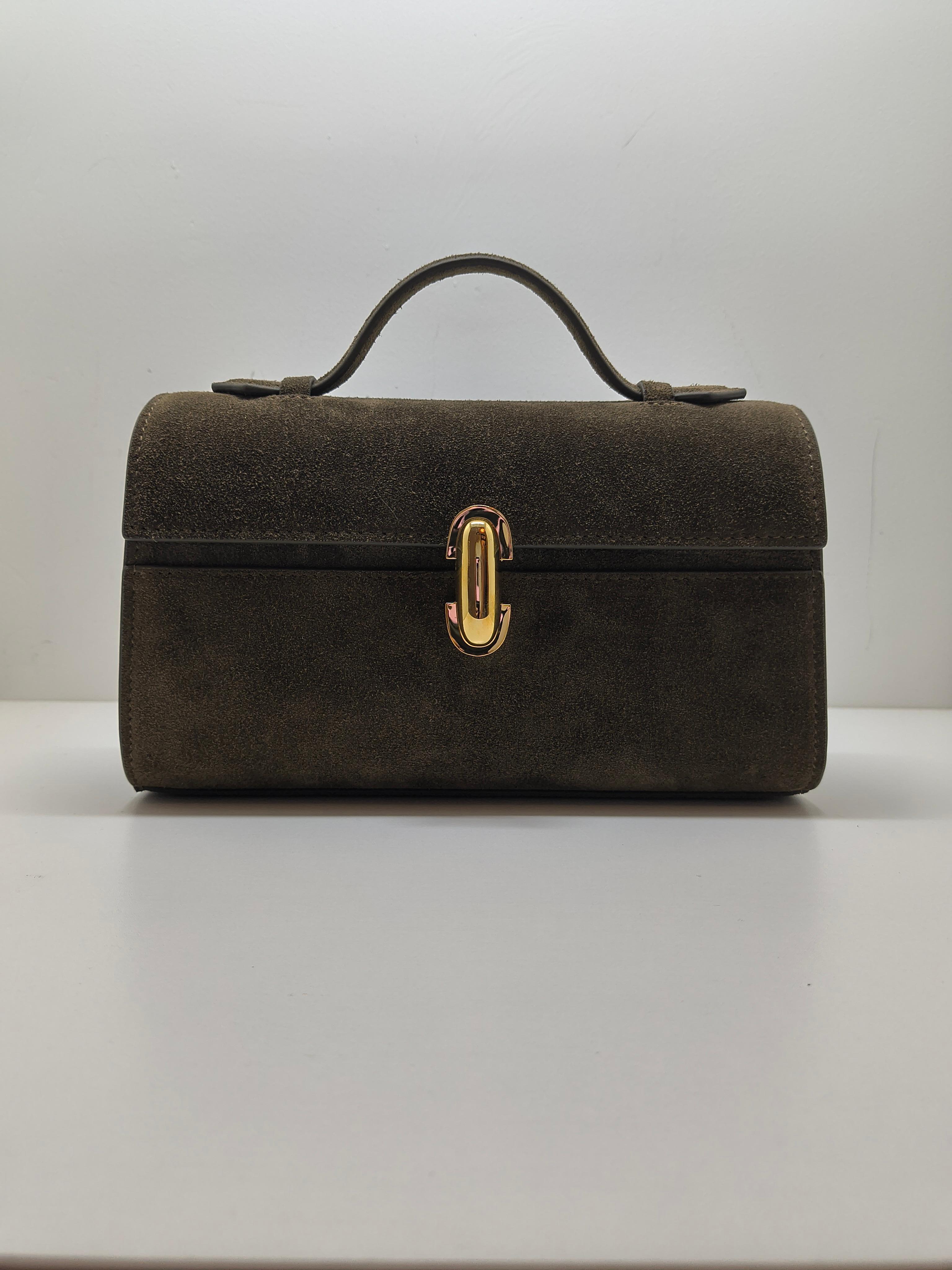 Women's Savette Green Khaki Symmetry suede Top Handle Clutch Bag For Sale