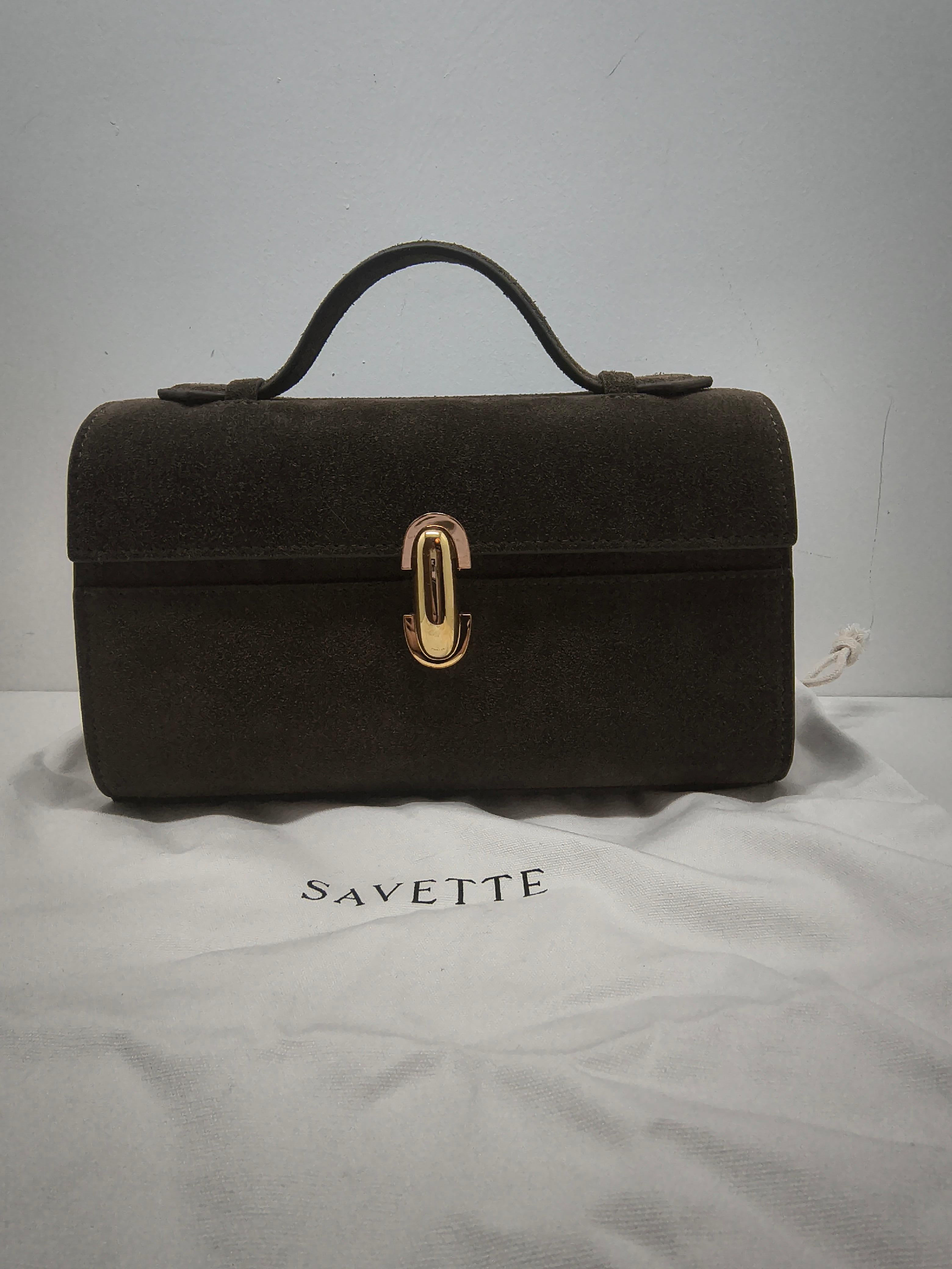Savette Green Khaki Symmetry suede Top Handle Clutch Bag For Sale 1