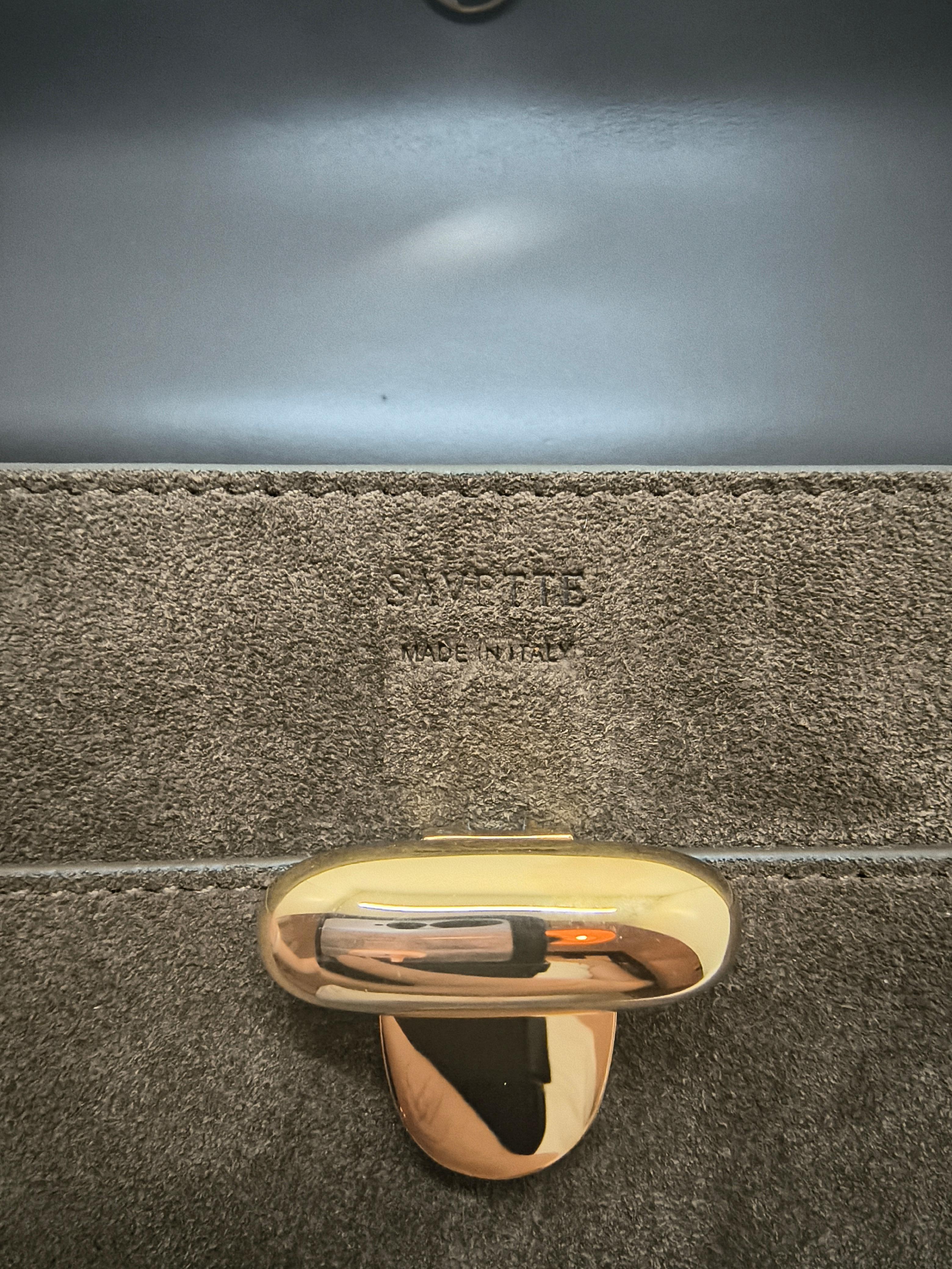 Savette Green Khaki Symmetry suede Top Handle Clutch Bag For Sale 2