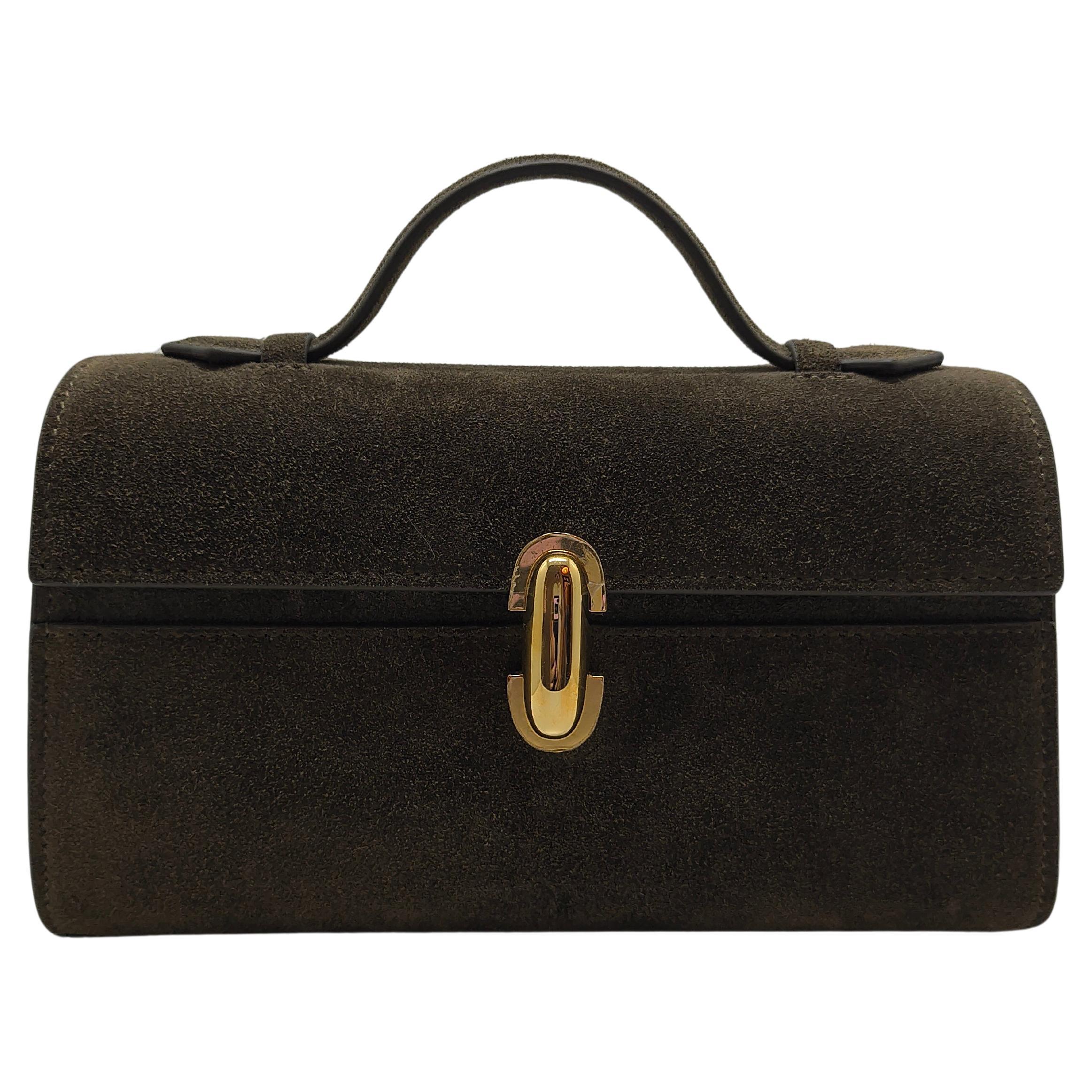 Savette Green Khaki Symmetry suede Top Handle Clutch Bag For Sale