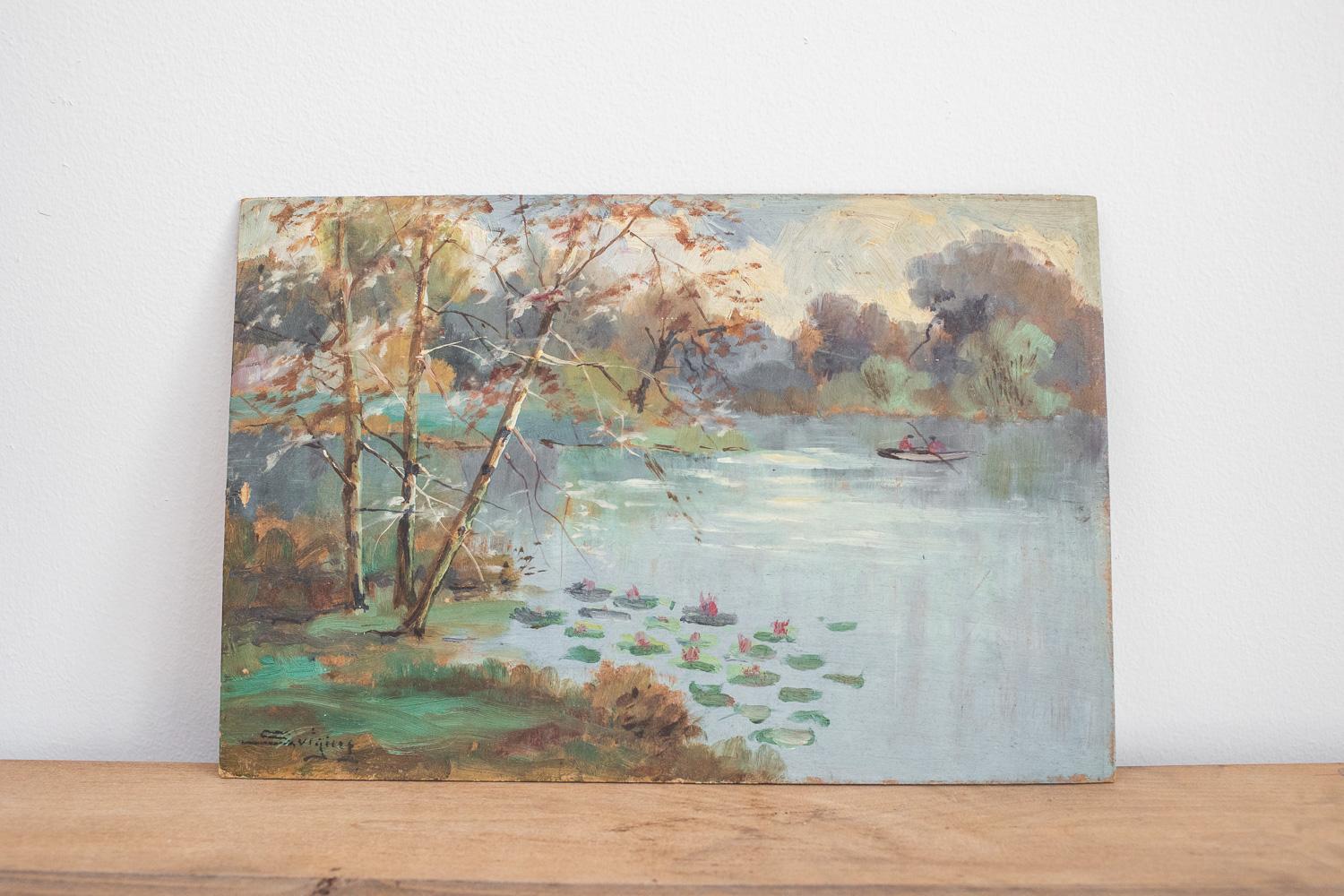 This lovely oil painting features very soft blue and green colors from a landscape scene in Savigny, France. In the painting, there are 2 people in a canoe.
