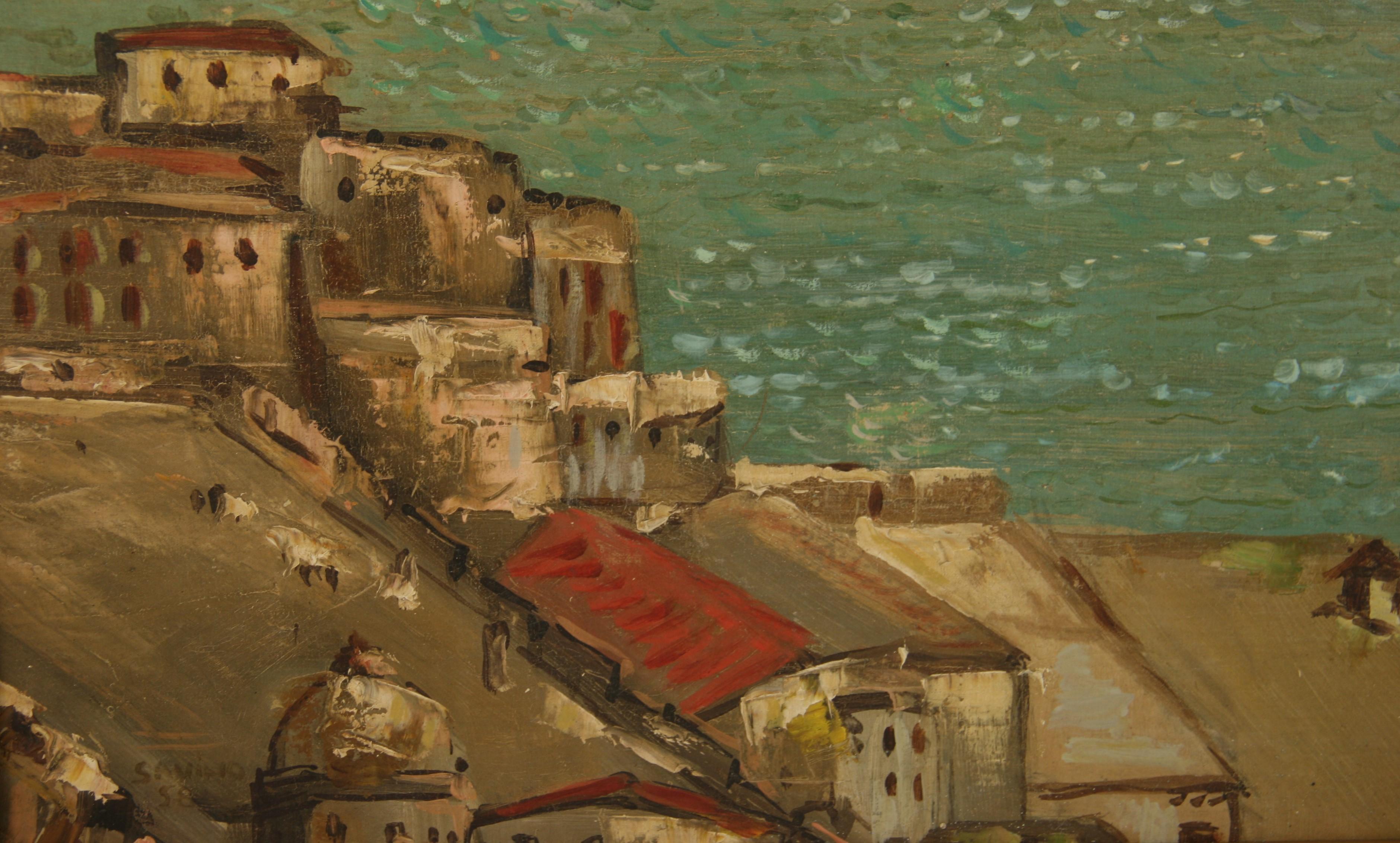 Antike Neapel Hafenlandschaft mit Hahnentritten, 1920er Jahre – Painting von Savino
