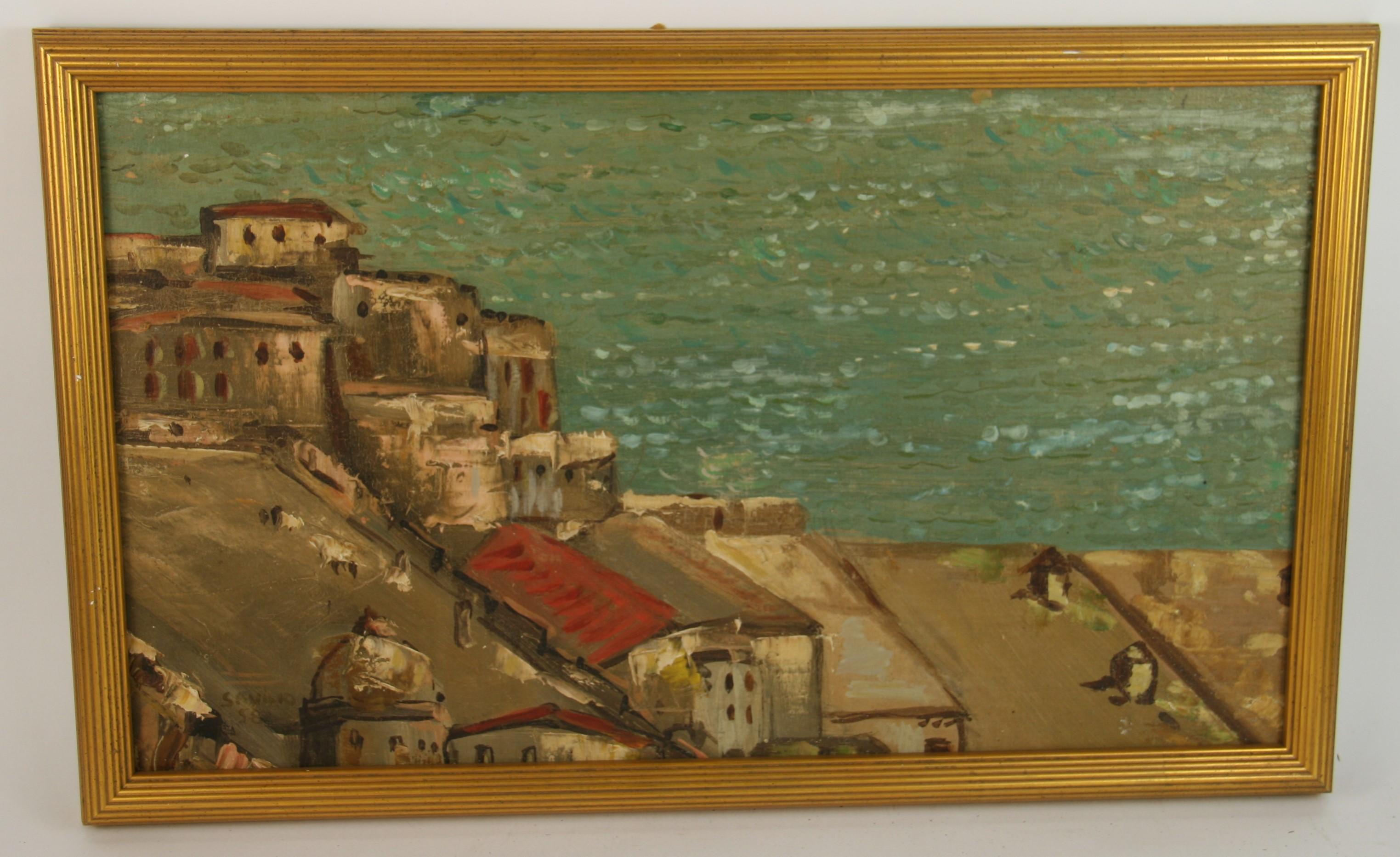 Antiguos tejados de Nápoles Paisaje portuario Años 20 - Landscape Painting Marrón de Savino