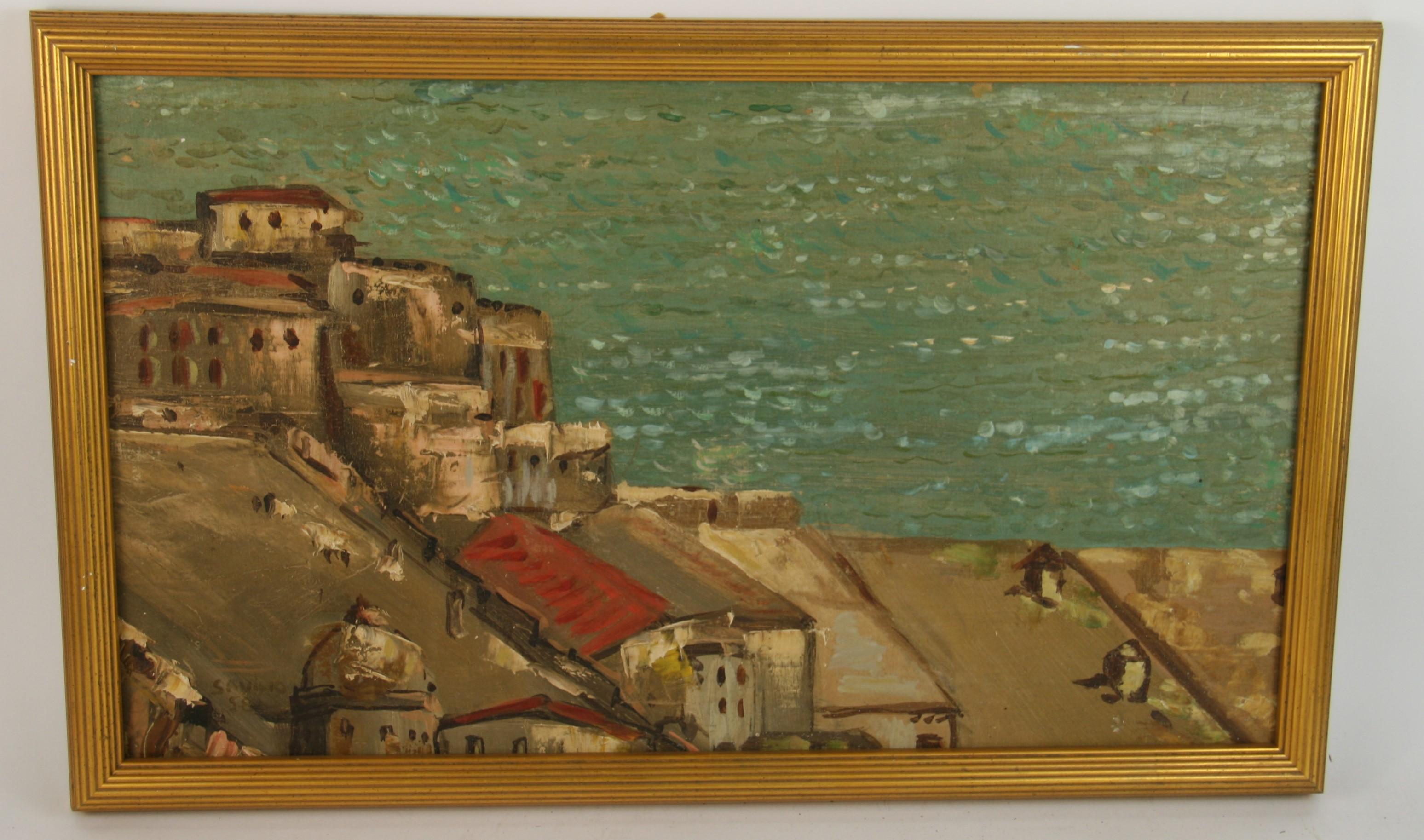Savino Landscape Painting – Antike Neapel Hafenlandschaft mit Hahnentritten, 1920er Jahre