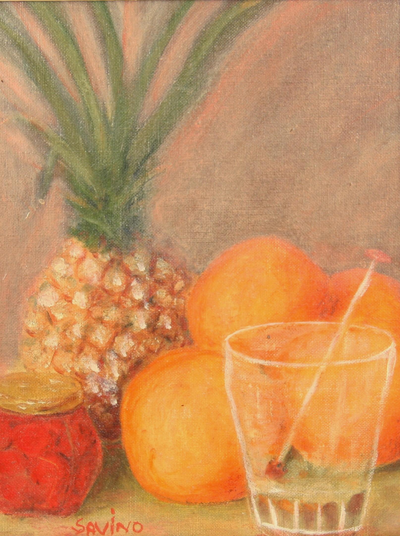 3294 Pineapple Still Life, vintage acrylic on board displayed in a wood frame,signed by Savino. Image size 9.5 H x 7.5 W