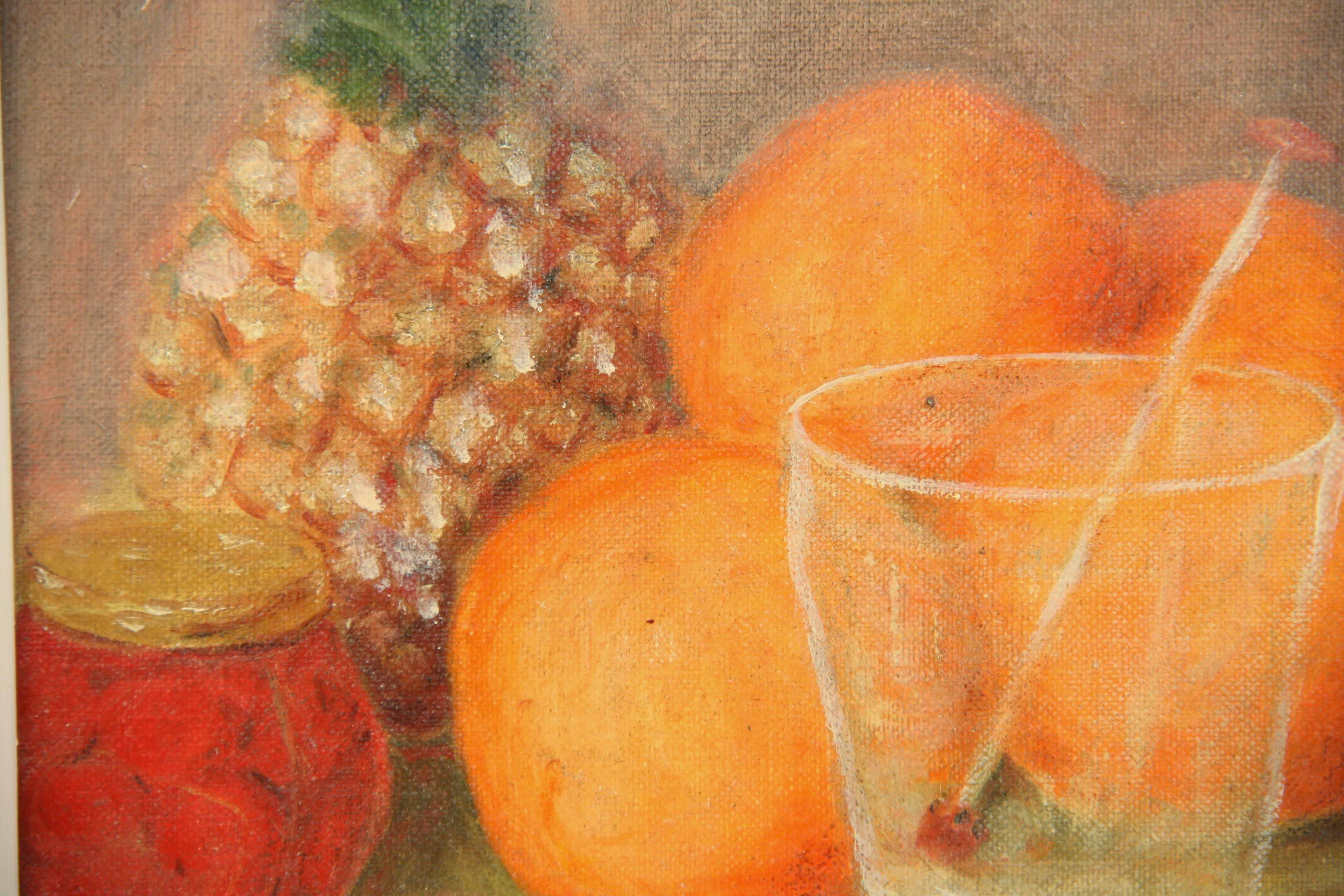 Vintage Tropical Pineapple and Oranges Still Life Painting For Sale 3