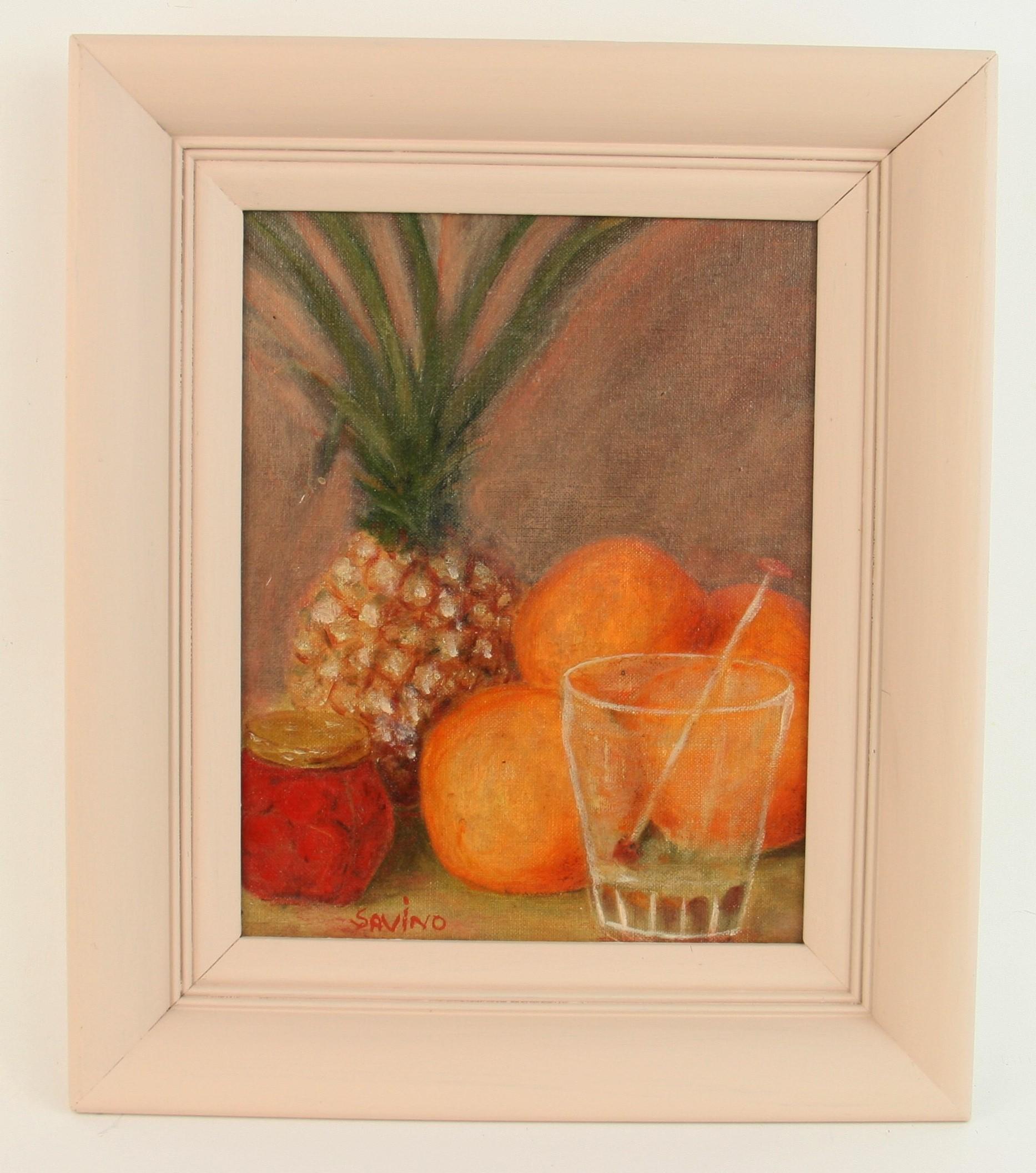 Still-Life Painting di Savino - Quadro di natura morta tropicale vintage con ananas e arance