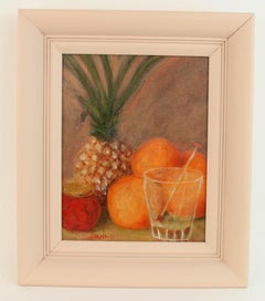 Vintage Tropische Ananas und Orangen Stillleben Gemälde