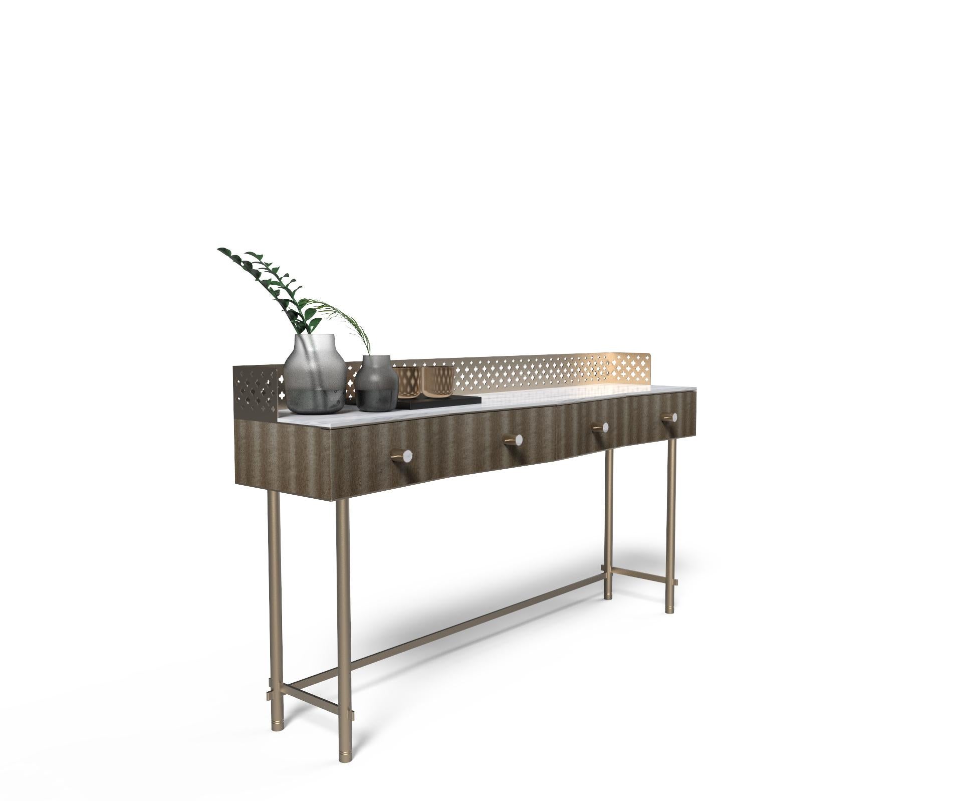 Wooden console table with fabric effect. Two drawers with soft-close slides, precision-calibrated metal handles with wood insert. Laser-cut interlocking tubular structure in metal and laser-cut metal sheet with flower motifs finished manually. Metal