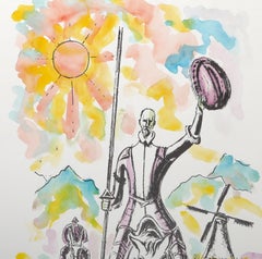 Don Quijote, litografía moderna coloreada a mano por Savo Radulović