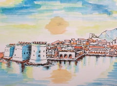 Dubrovnik de Noche, Litografía Impresionista coloreada a mano por Savo Radulović