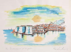 Dubrovnik de Noche, Litografía Impresionista coloreada a mano por Savo Radulović