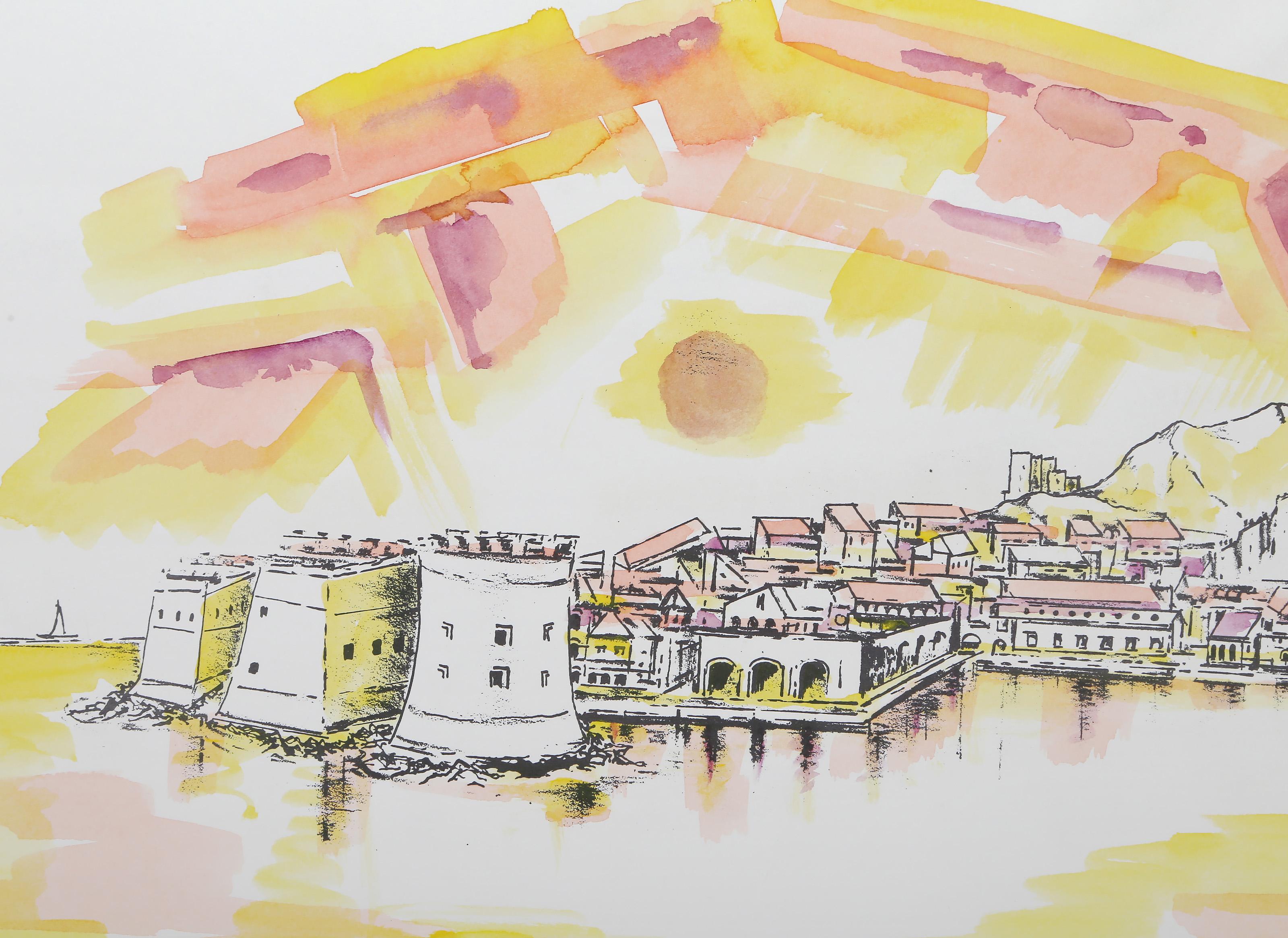 Dubrovnik, litografia moderna colorata a mano di Savo Radulović - Print di Savo Radulovic