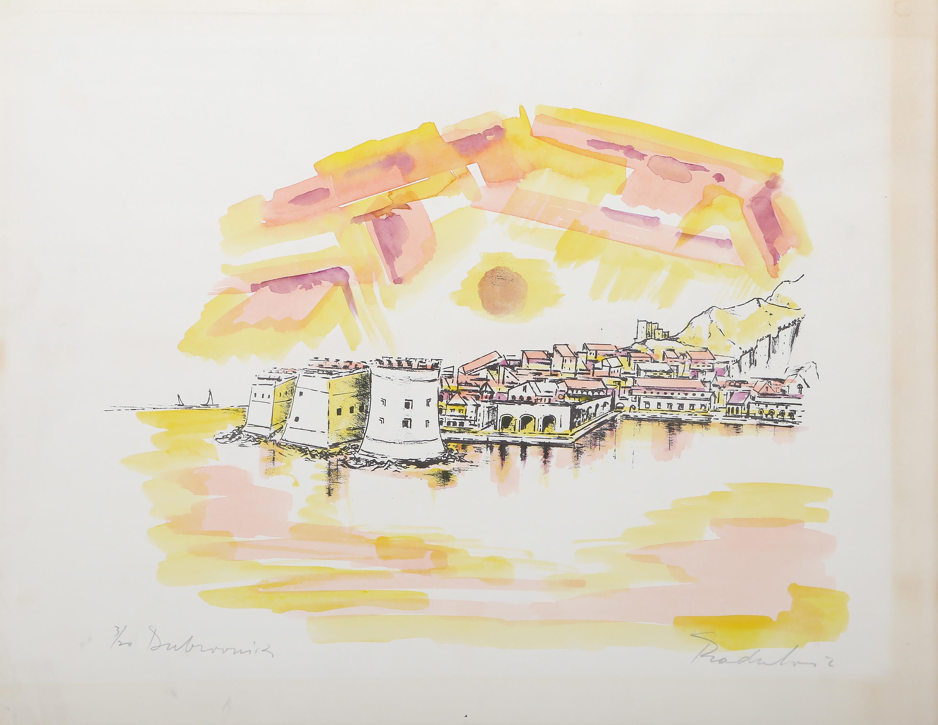 Dubrovnik, litografia moderna colorata a mano di Savo Radulović - Print Moderno di Savo Radulovic