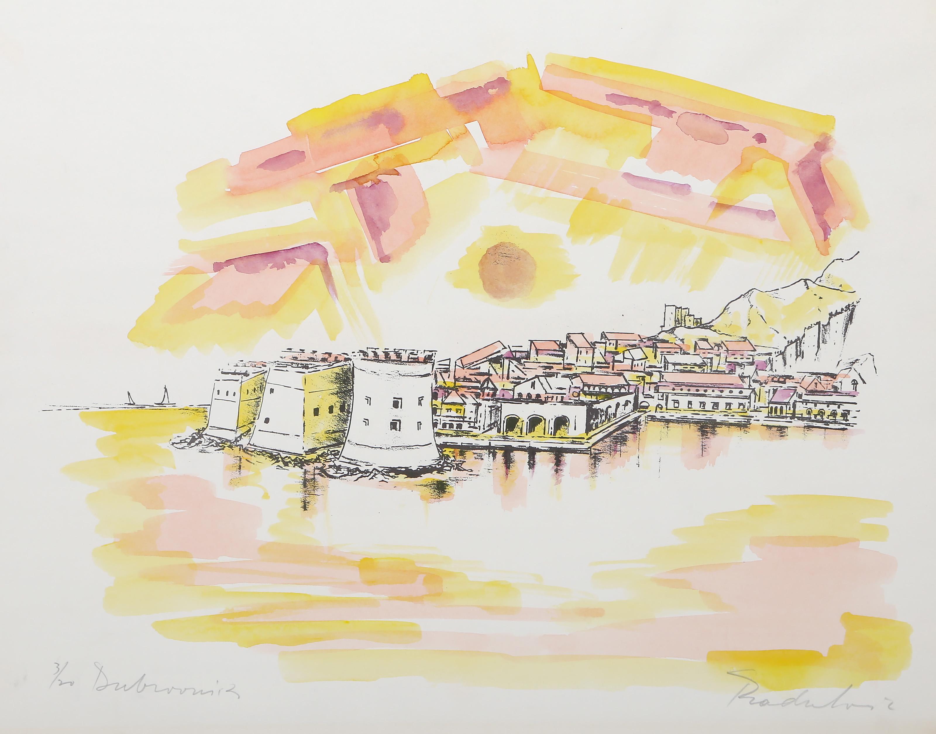 Landscape Print di Savo Radulovic - Dubrovnik, litografia moderna colorata a mano di Savo Radulović