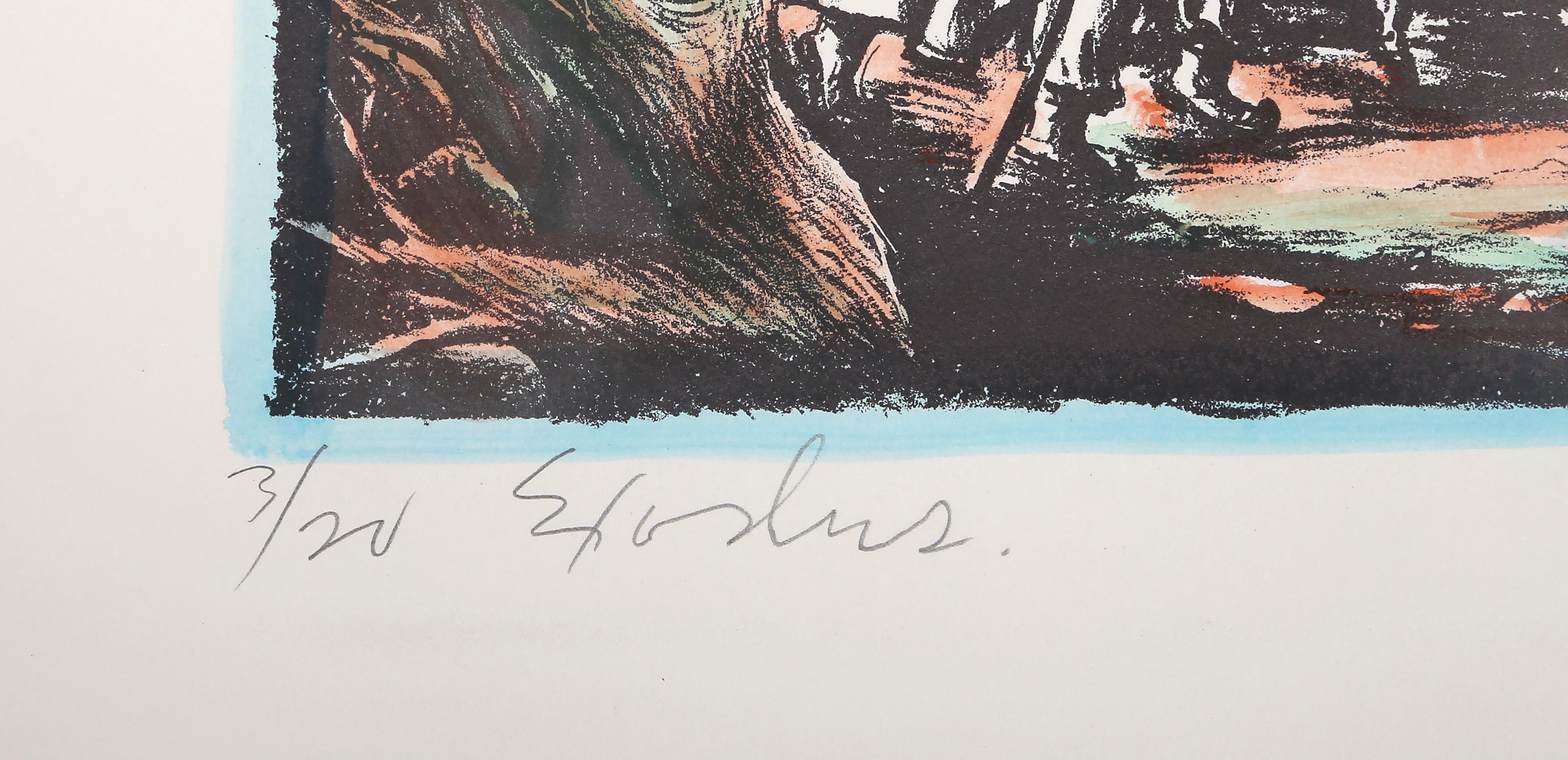 Savo RaduloviÄ‡, serbo-americano (1911 - 1991) - Exodus, Medium:  Litografia colorata a mano, firmata, intitolata e numerata a matita, edizione:  20, Dimensioni immagine:  9,5 x 14,25 pollici, Dimensioni:  17,5 x 22,5 pollici (44,45 x 57,15 cm) 