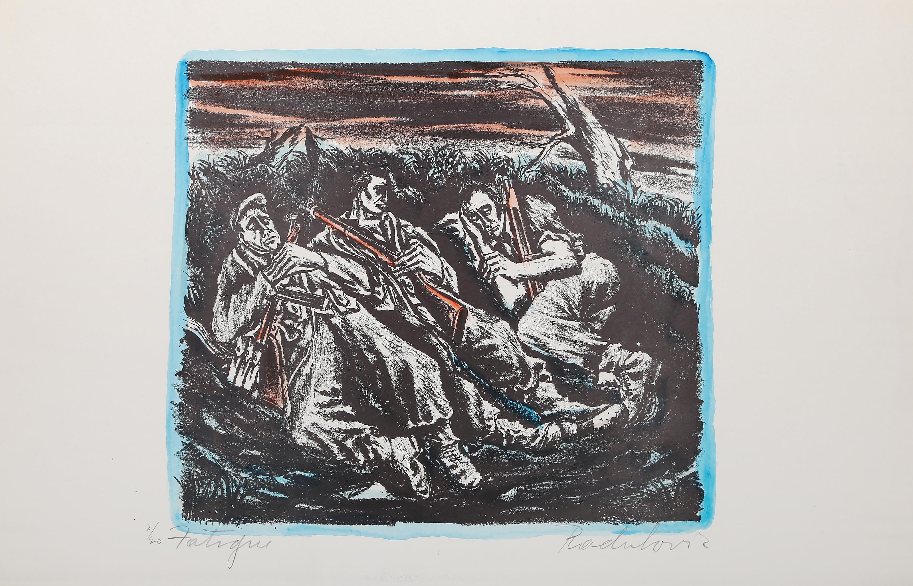 Savo RaduloviÄ‡, serbio-americano (1911 - 1991) - Fatiga, Medio:  Litografía coloreada a mano, firmada, titulada y numerada a lápiz, Edición:  20, Tamaño de la imagen:  11 x 12,75 pulgadas, Tamaño:  14 x 21.75 in. (35.56 x 55.25 cm) 