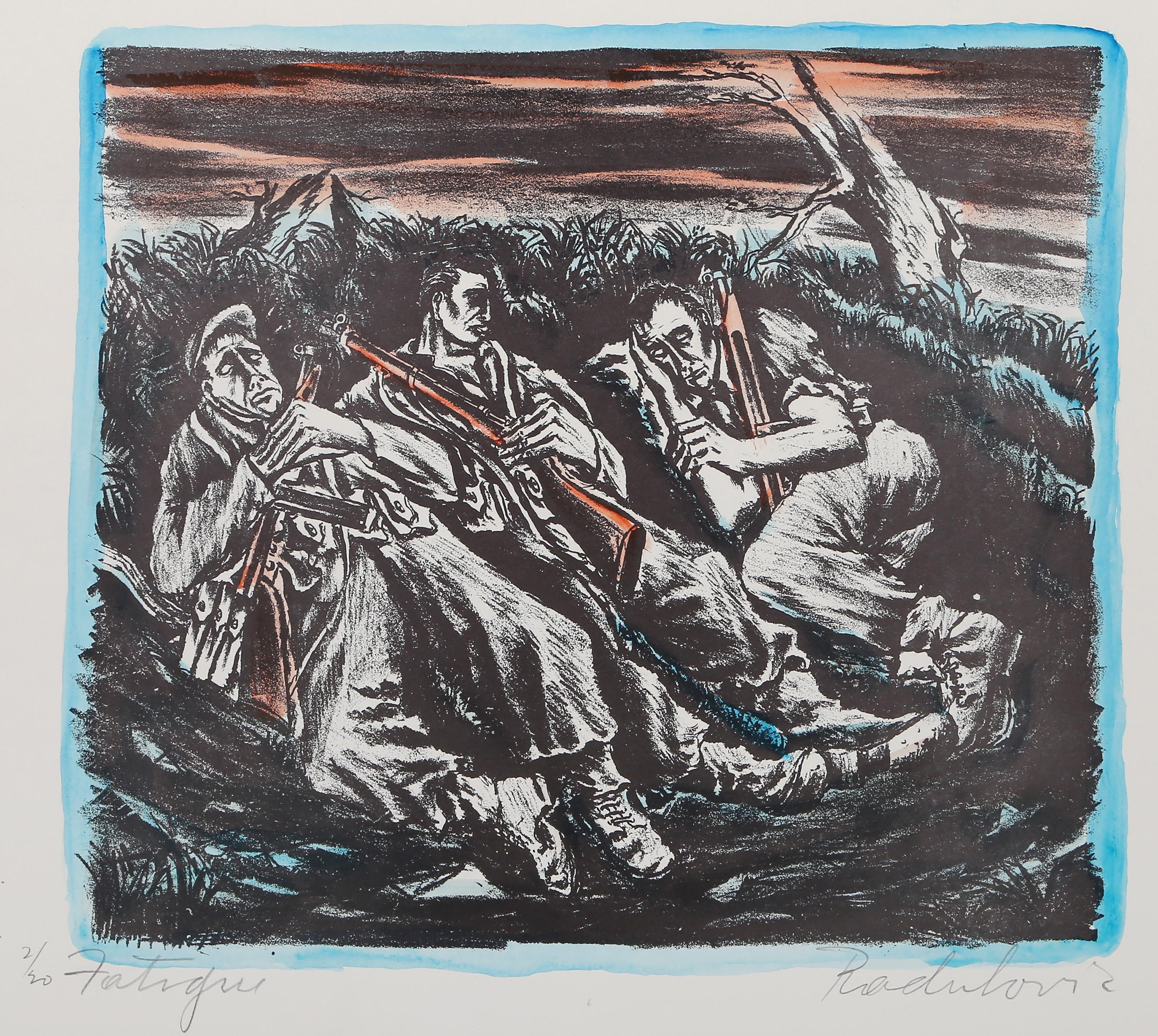 Figurative Print de Savo Radulovic - Fatiga, litografía moderna coloreada a mano por Savo Radulović