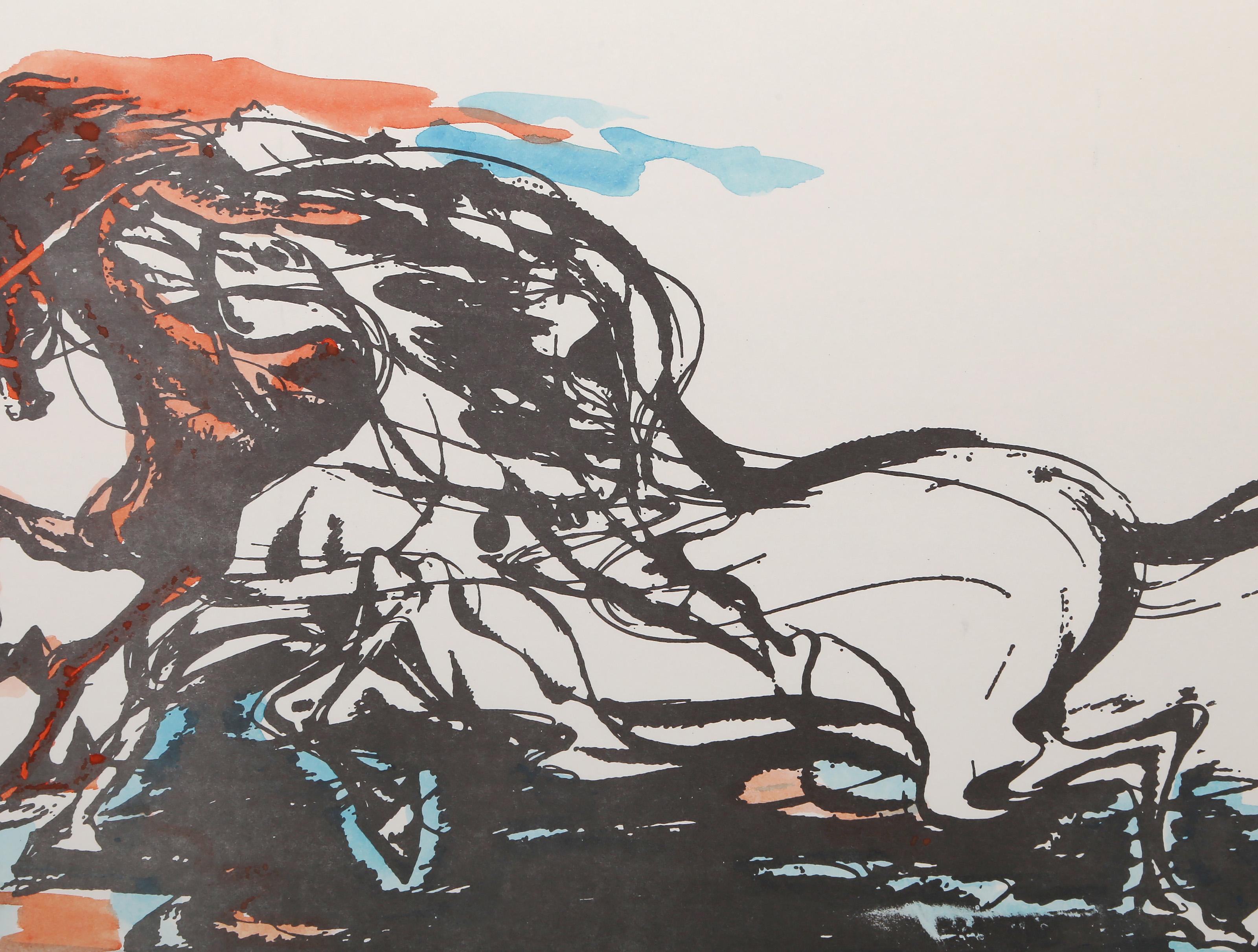 Il bene e il male, litografia moderna colorata a mano di Savo Radulović - Animal Print Beige di Savo Radulovic