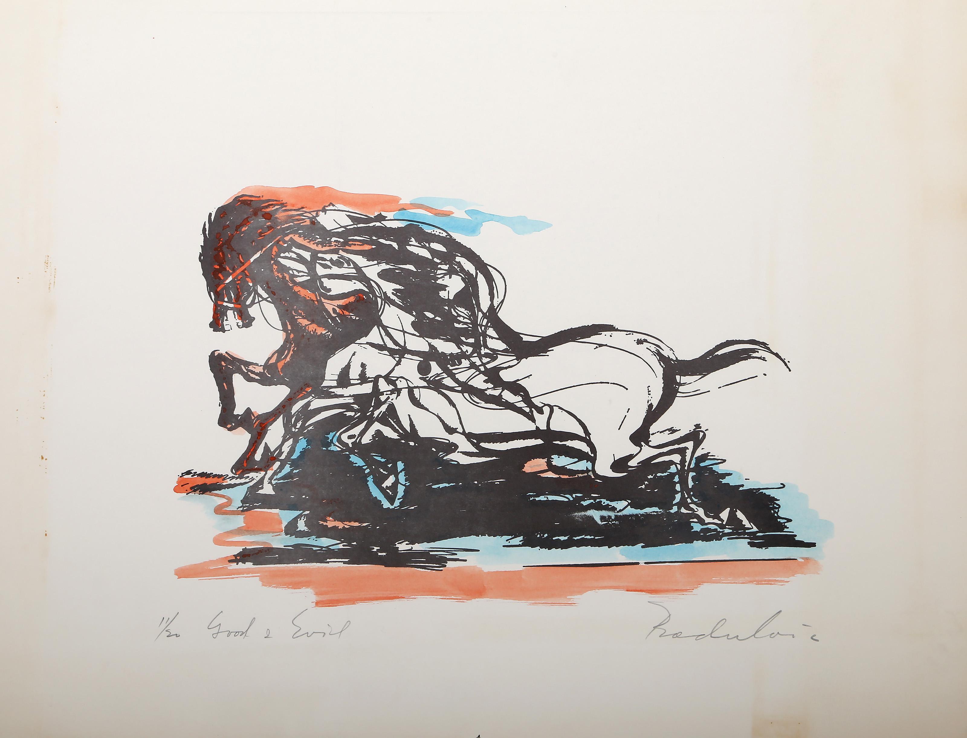 Savo RaduloviÄ‡, serbo-americano (1911 - 1991) - Il bene e il male, Medium:  Litografia colorata a mano, firmata, intitolata e numerata a matita, edizione:  11/20, Dimensione immagine:  10 x 16 pollici, Dimensioni:  17,5 x 22,5 pollici (44,45 x