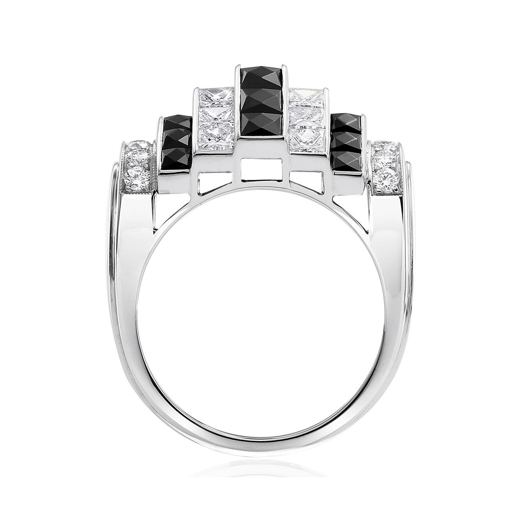 Square Cut Savoir-Faire Onyx and Diamond Cocktail Ring in Platinum For Sale