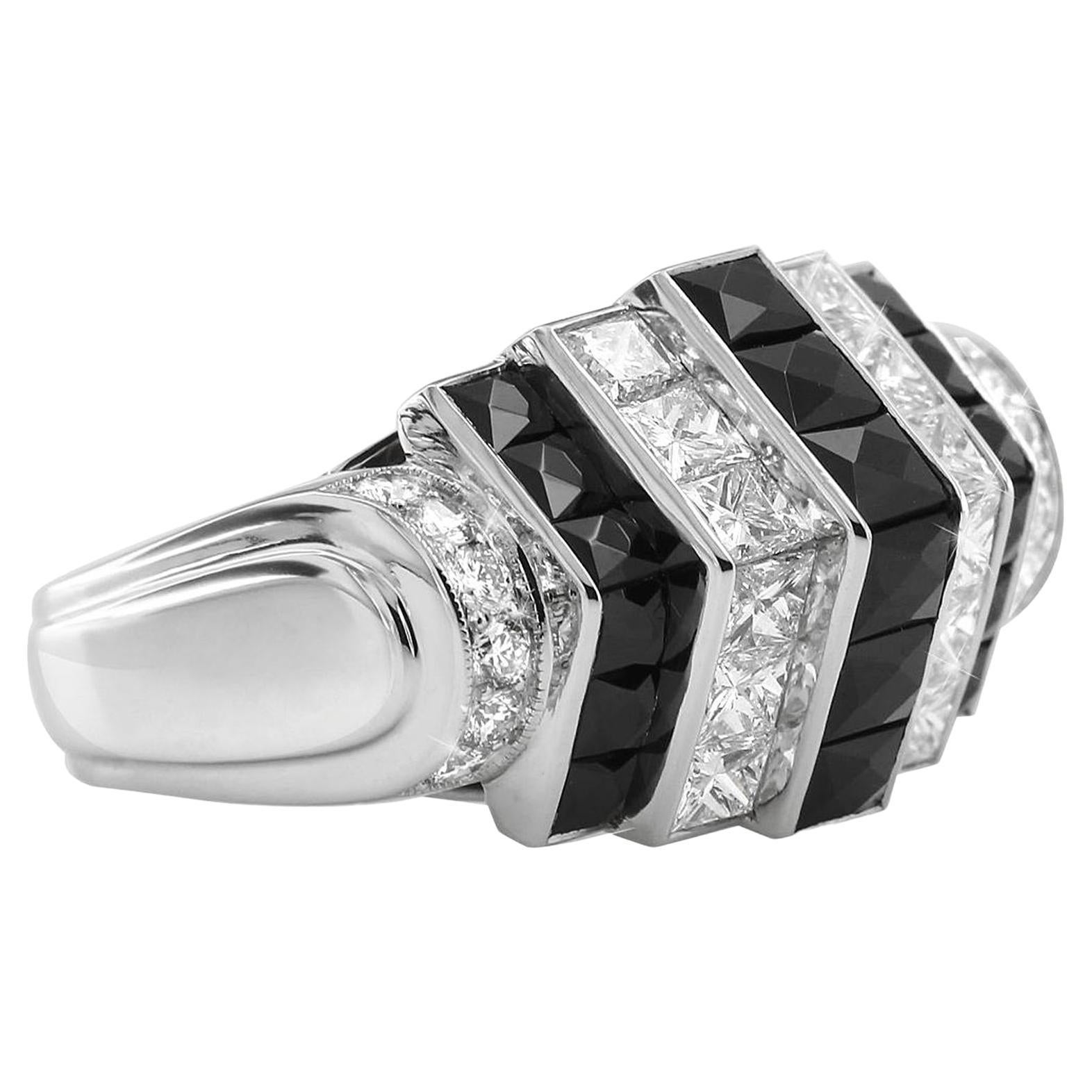 Savoir-Faire Onyx and Diamond Cocktail Ring in Platinum For Sale