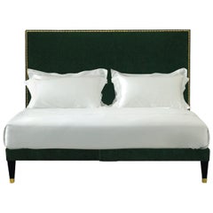 Savoir Harlech Bed in Hunter Green Velvet with Brass Nailing, US Queen Size