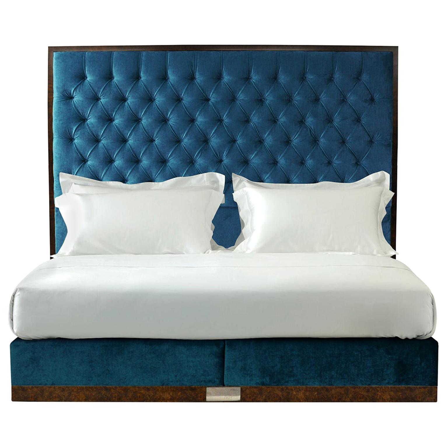 Savoir State Bed in Blue Velvet, Made to Order in London, California King Size For Sale