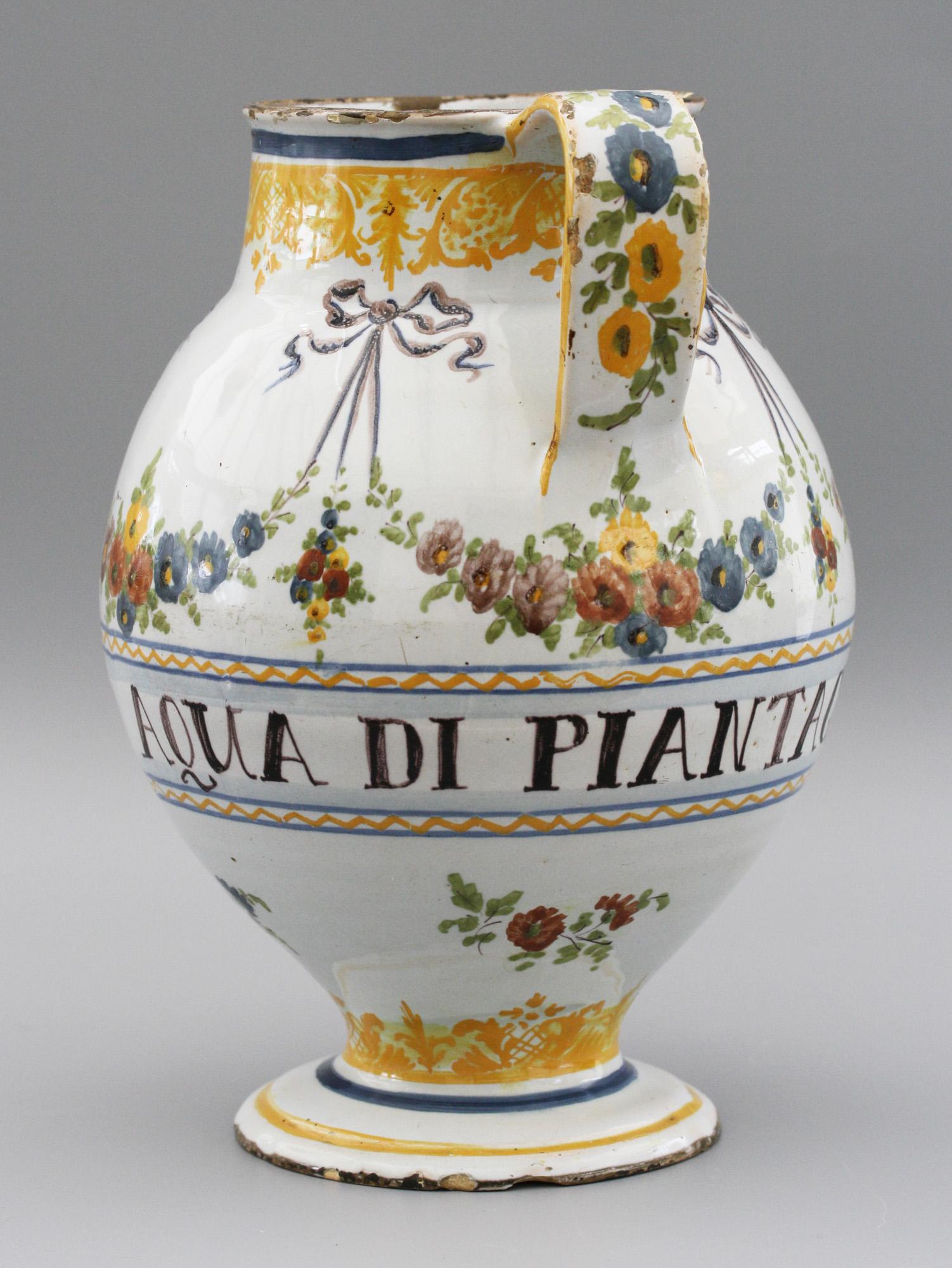 Savona Italian Tin Glazed Polychrome Painted Pottery Syrup Jar For Sale 2