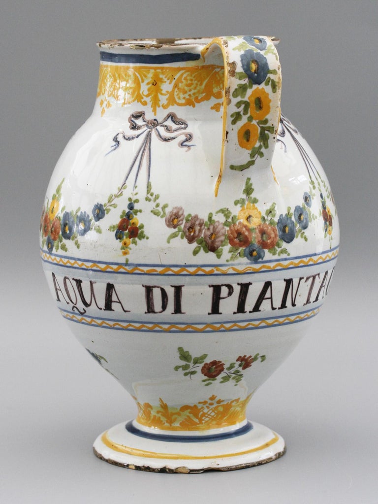 Savona Italian Tin Glazed Polychrome Painted Pottery Syrup Jar For Sale