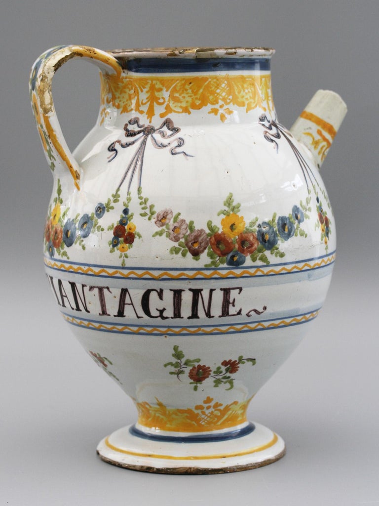 Savona Italian Tin Glazed Polychrome Painted Pottery Syrup Jar For Sale