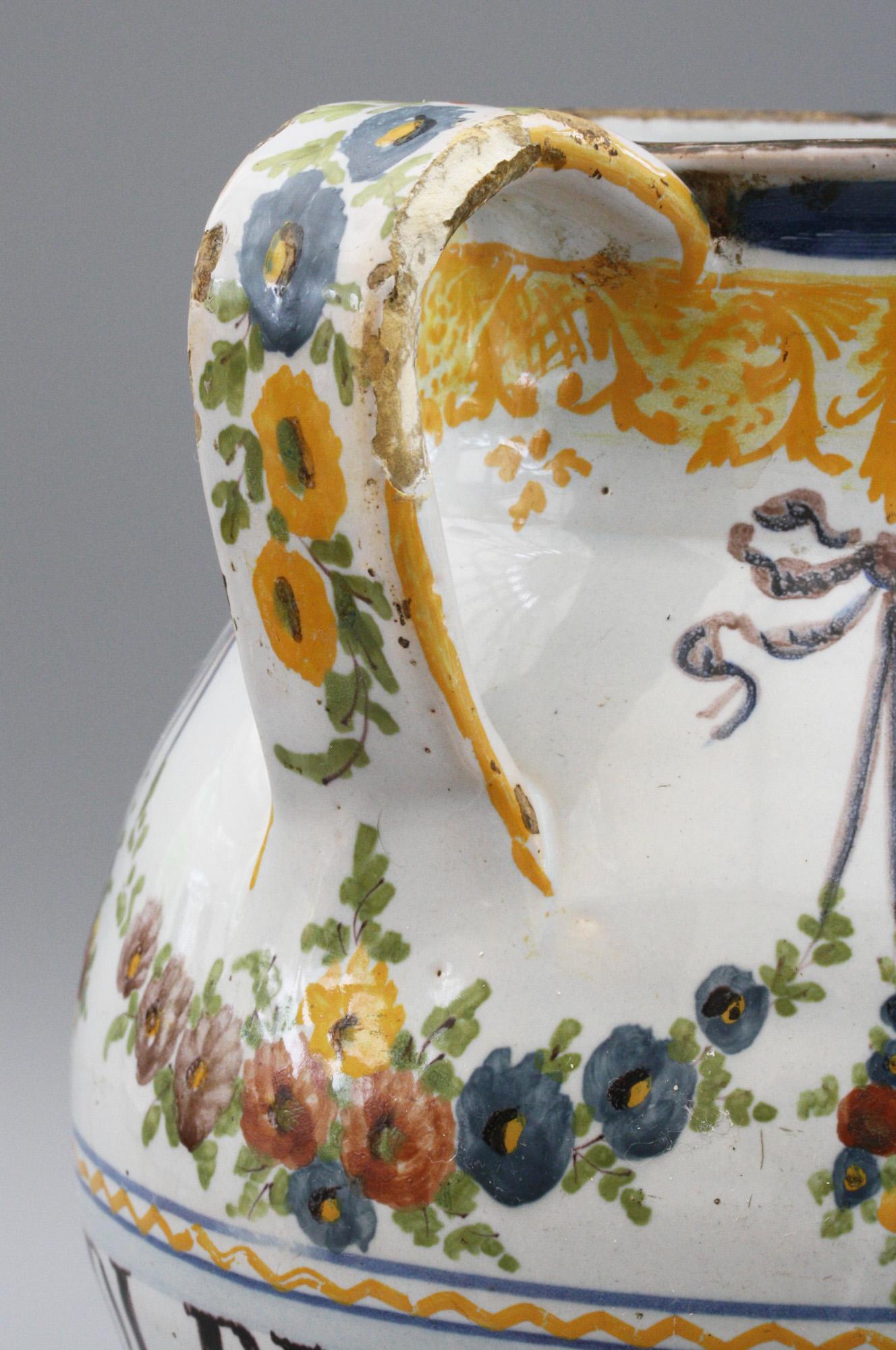 Savona Italienisches zinnglasiertes polychrom bemaltes Sirupgefäß aus Keramik (Barock) im Angebot