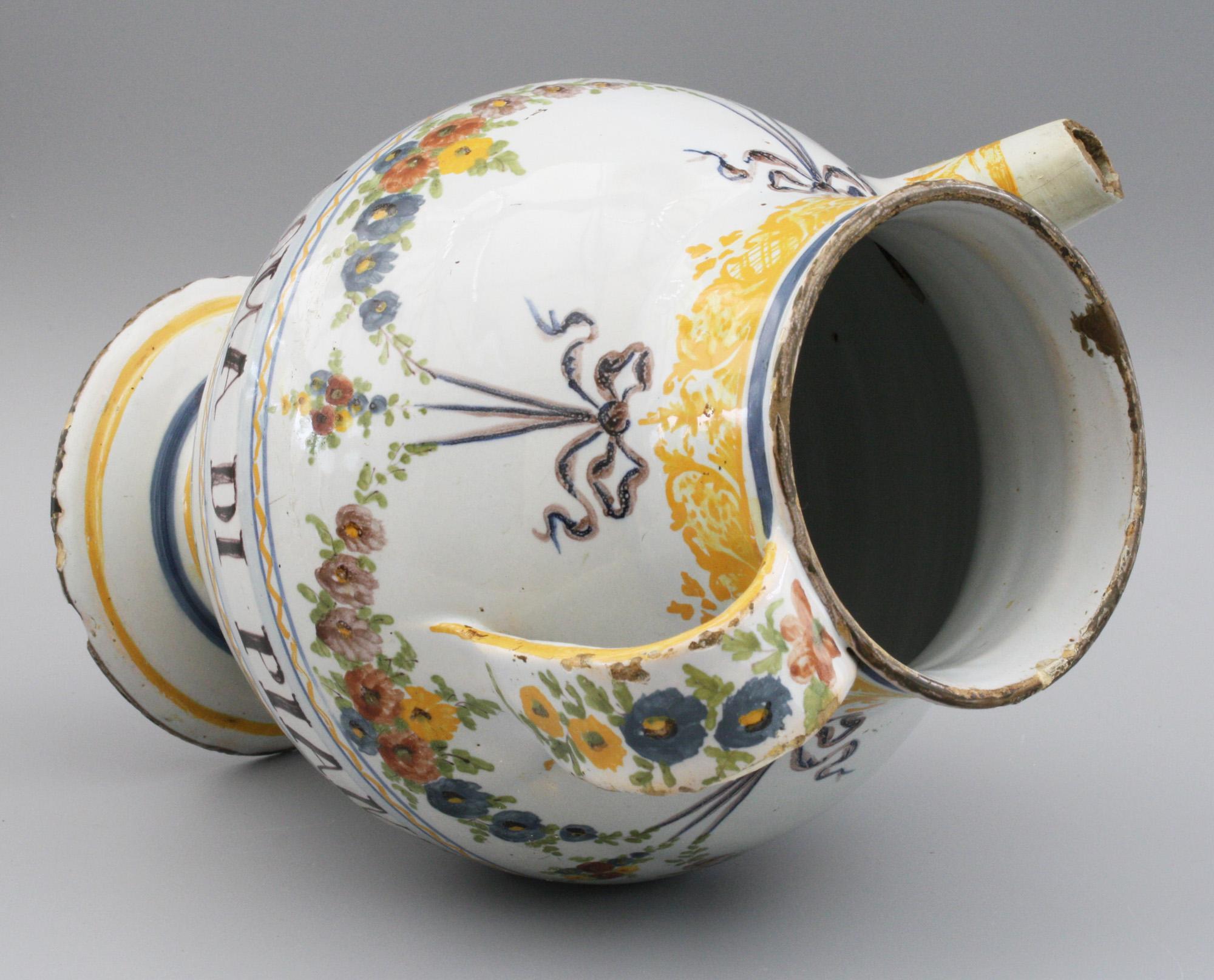 Savona Italienisches zinnglasiertes polychrom bemaltes Sirupgefäß aus Keramik (18. Jahrhundert) im Angebot