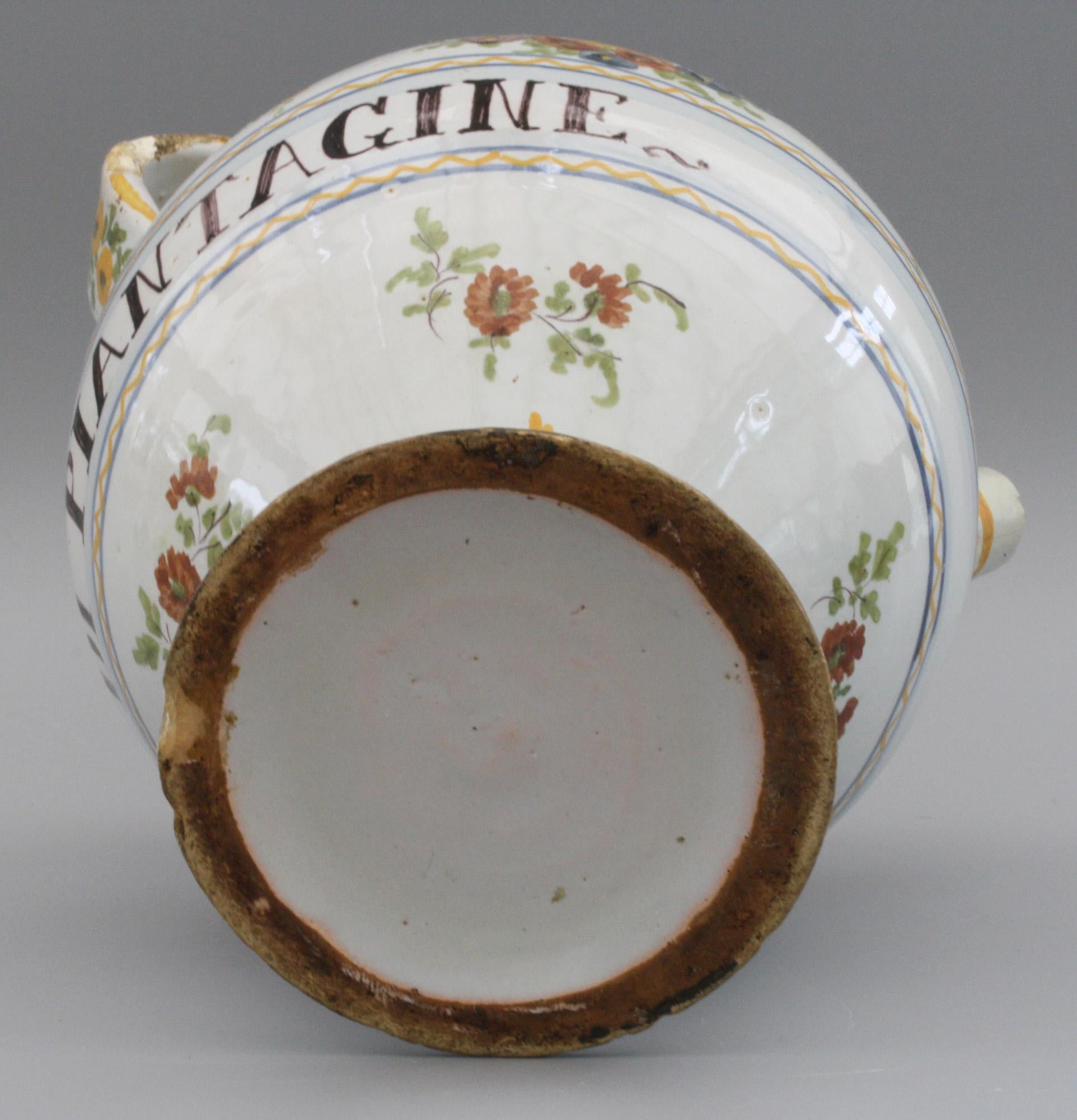 18th Century Savona Italian Tin Glazed Polychrome Painted Pottery Syrup Jar For Sale