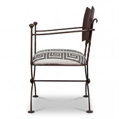 Savonarola Campaign Style Iron / Steel X-Base Chairs Greek Key Upholstery - Pair