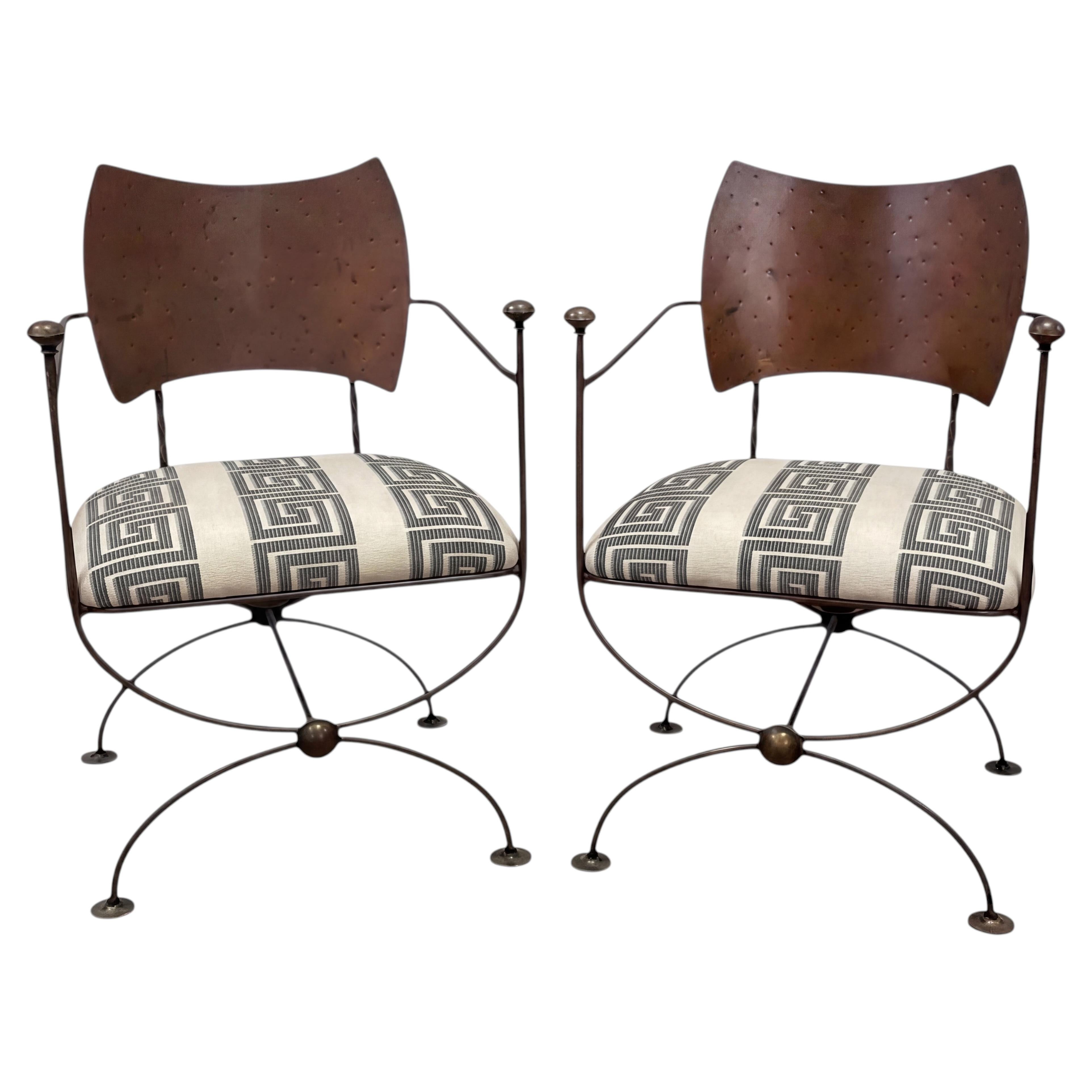 Savonarola Campaign Style Iron / Steel X-Base Chairs Greek Key Upholstery - Pair