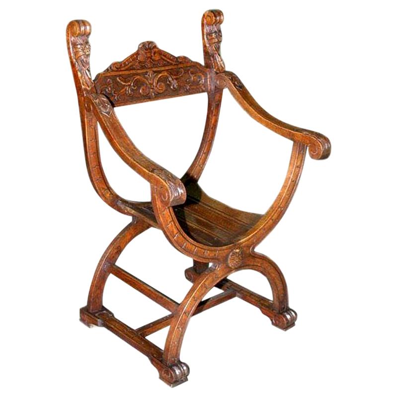 Savonarola-Stuhl aus Eiche, Renaissance-Revival