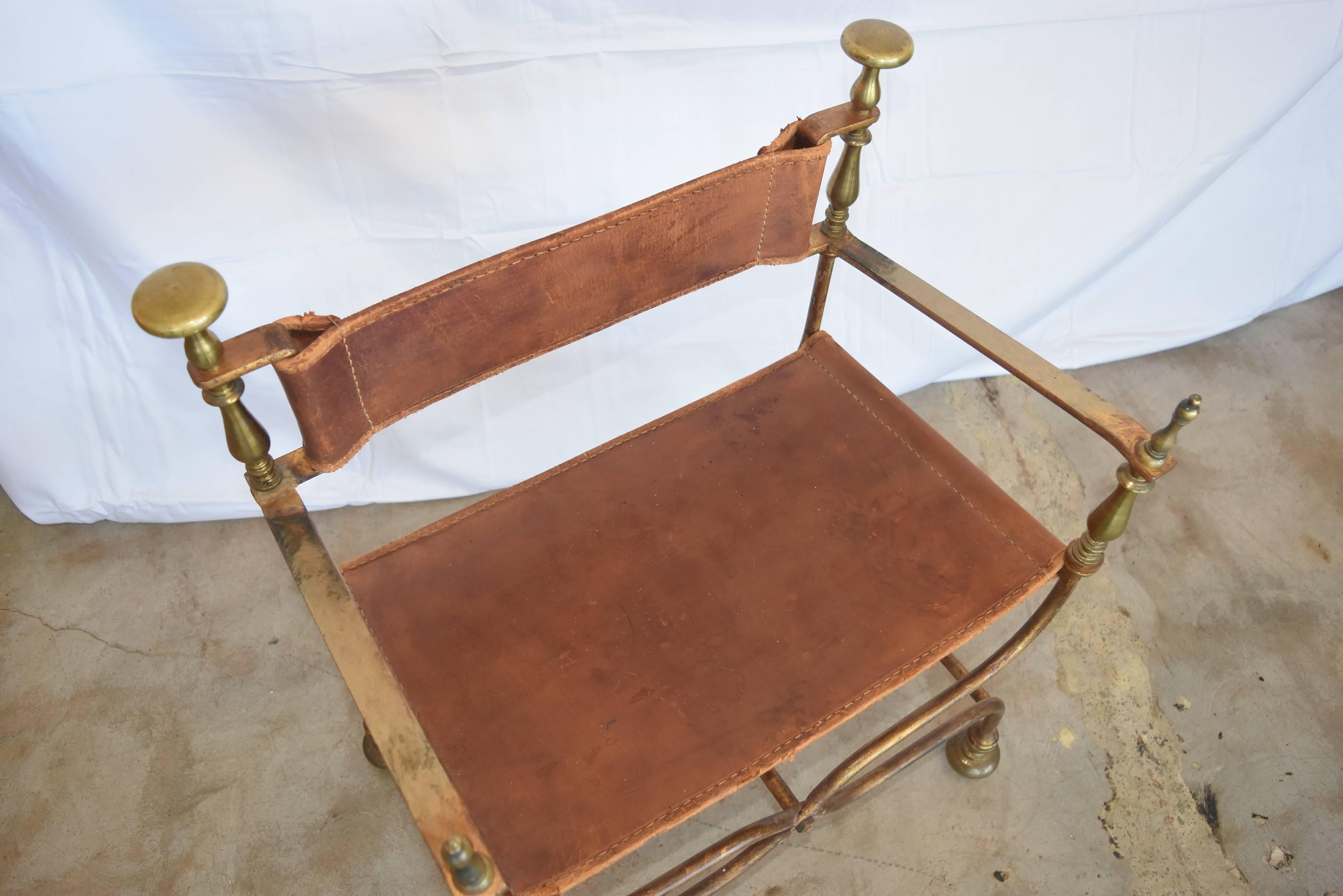 19th Century Savonarola Turn of the Century Spanish Iron and Brass Chair with Cognac Leather