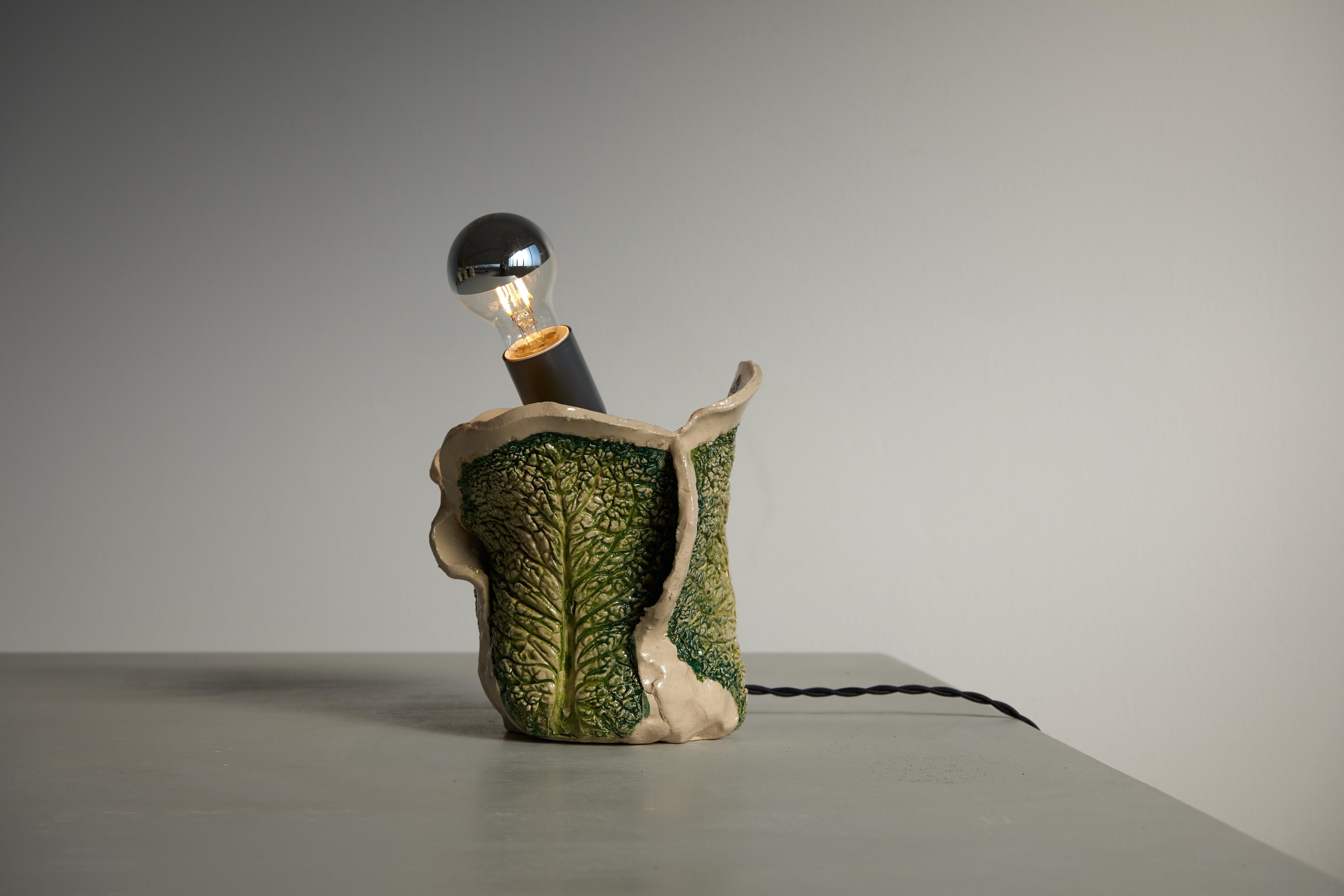The lamp is made by using the actual vegetable to create impressions. This allows each lamp to be one-of-a-kind. The light bulb is adjustable. I often use the mirror light bulb with these works. The bulb does not come with the ceramic sculptural