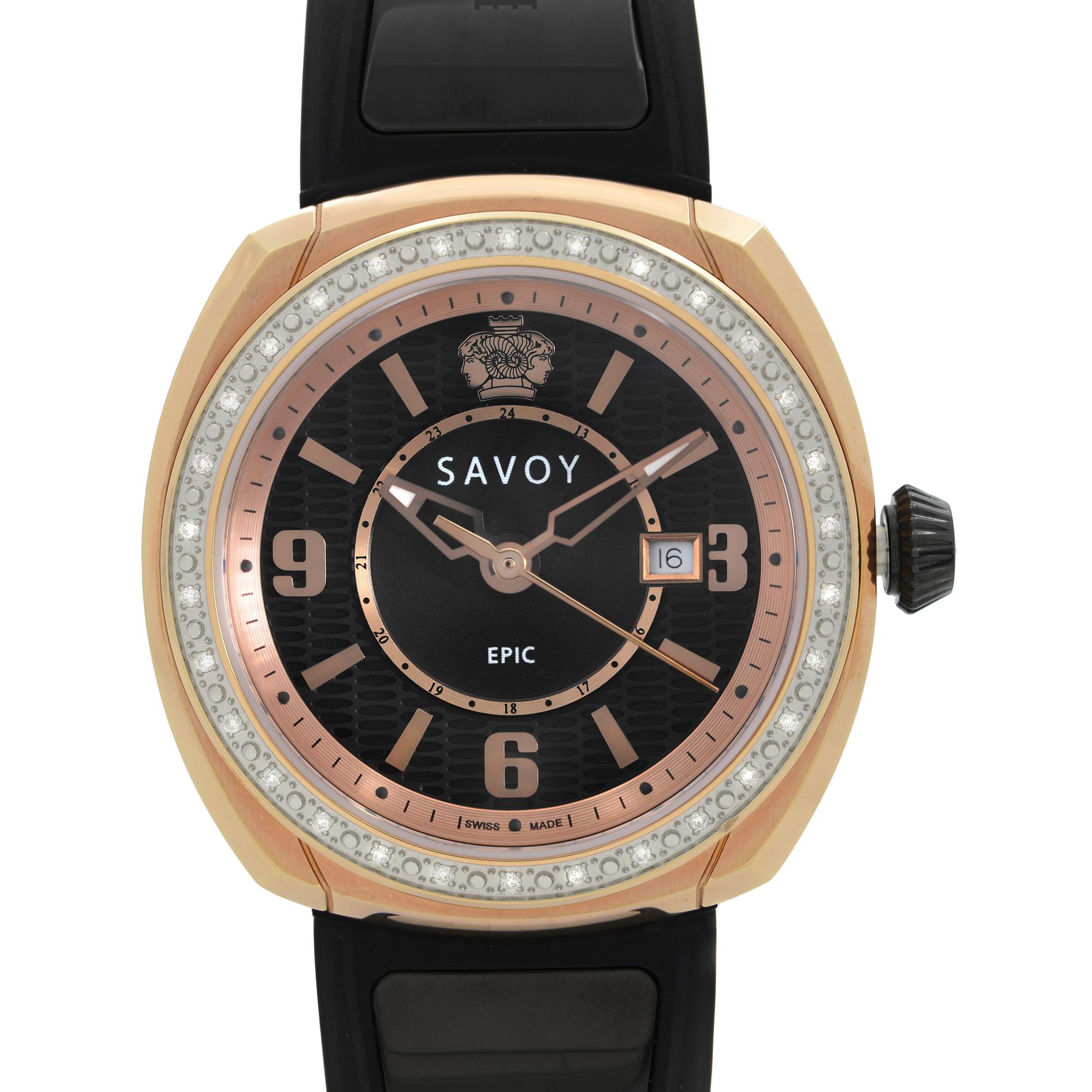 New with Defects Savoy Epic Ladies Watch G4004J.02A.RB04. The Watch Has a few Insignificant Minor Nicks on the Case. This Beautiful Timepiece is Powered by Quartz (Battery) Movement And Features: Rose Gold-Tone Stainless Steel Case with a Black