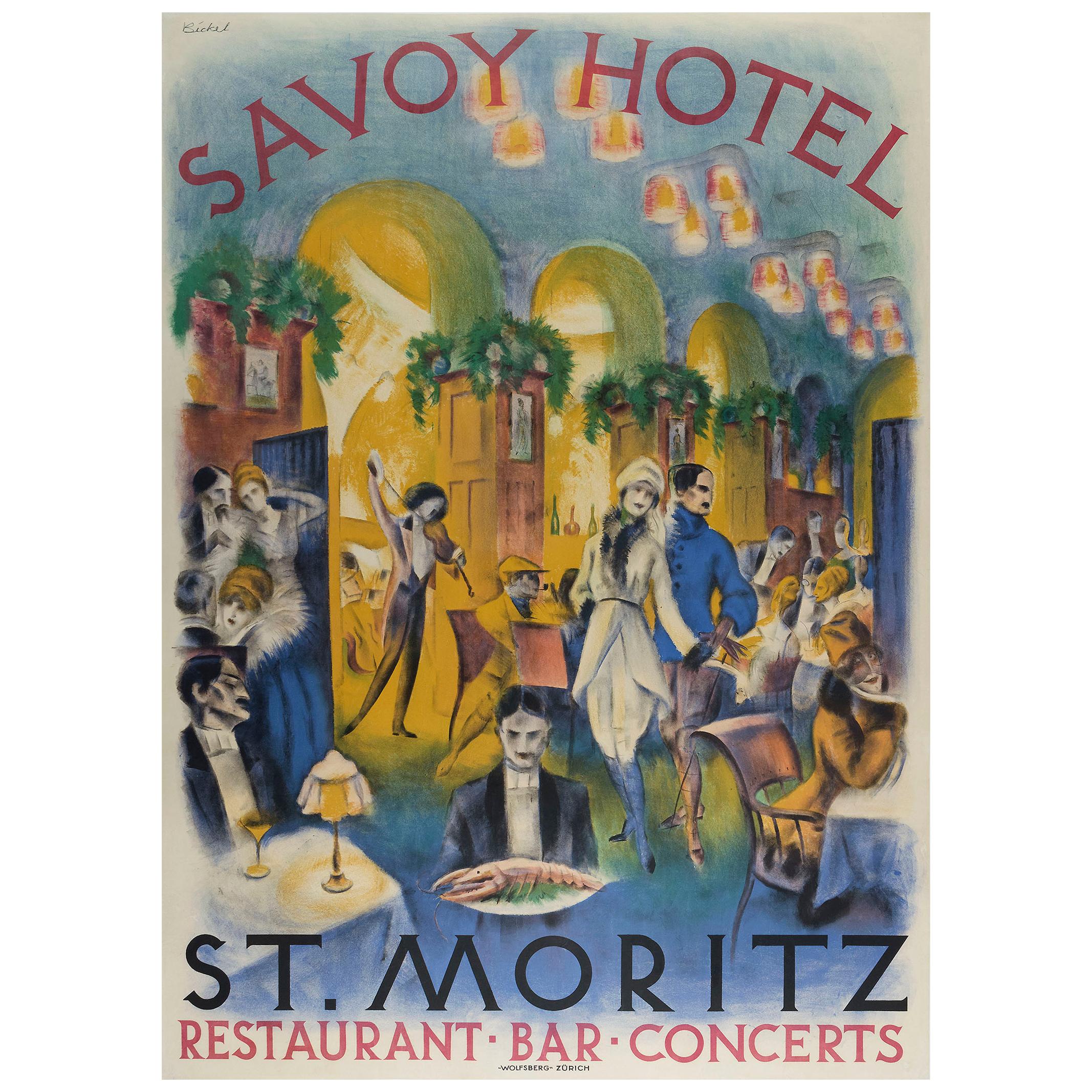 Savoy Hotel St. Moritz Original Swiss Art Deco poster by Bickel For Sale