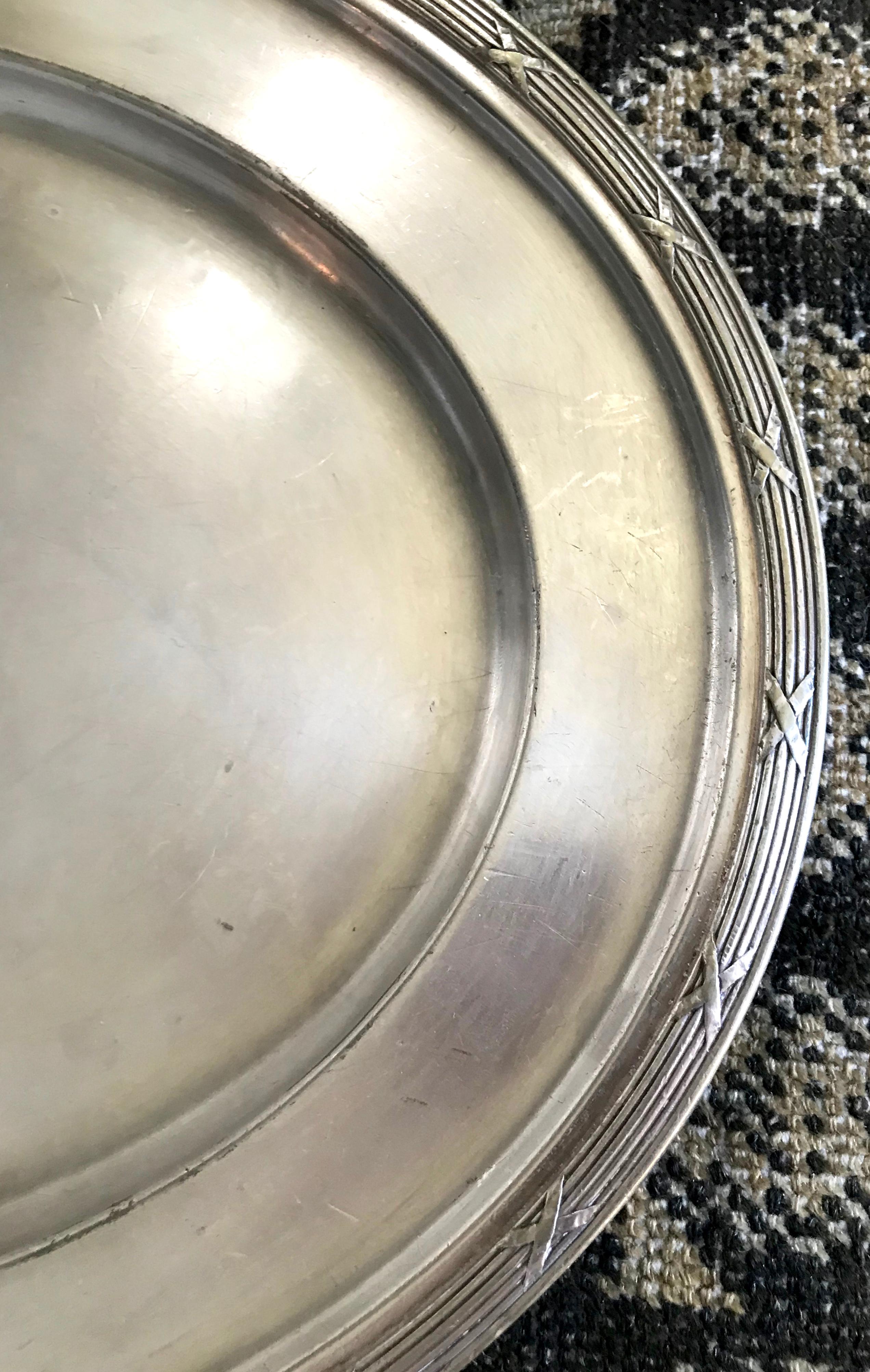 Savoy Plaza large silver tray. Louis XVI style large oval platter / tray with neoclassical banded reed border. From the famed French style hotel overlooking the Grand Army Plaza on Fifth Avenue designed by McKim Mead & White only to be replaced by