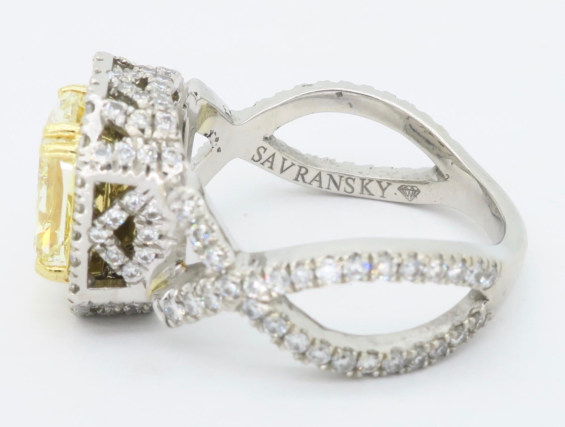 Savransky GIA Certified 3.38 Carat Yellow Diamond & White Diamond Platinum Ring 1