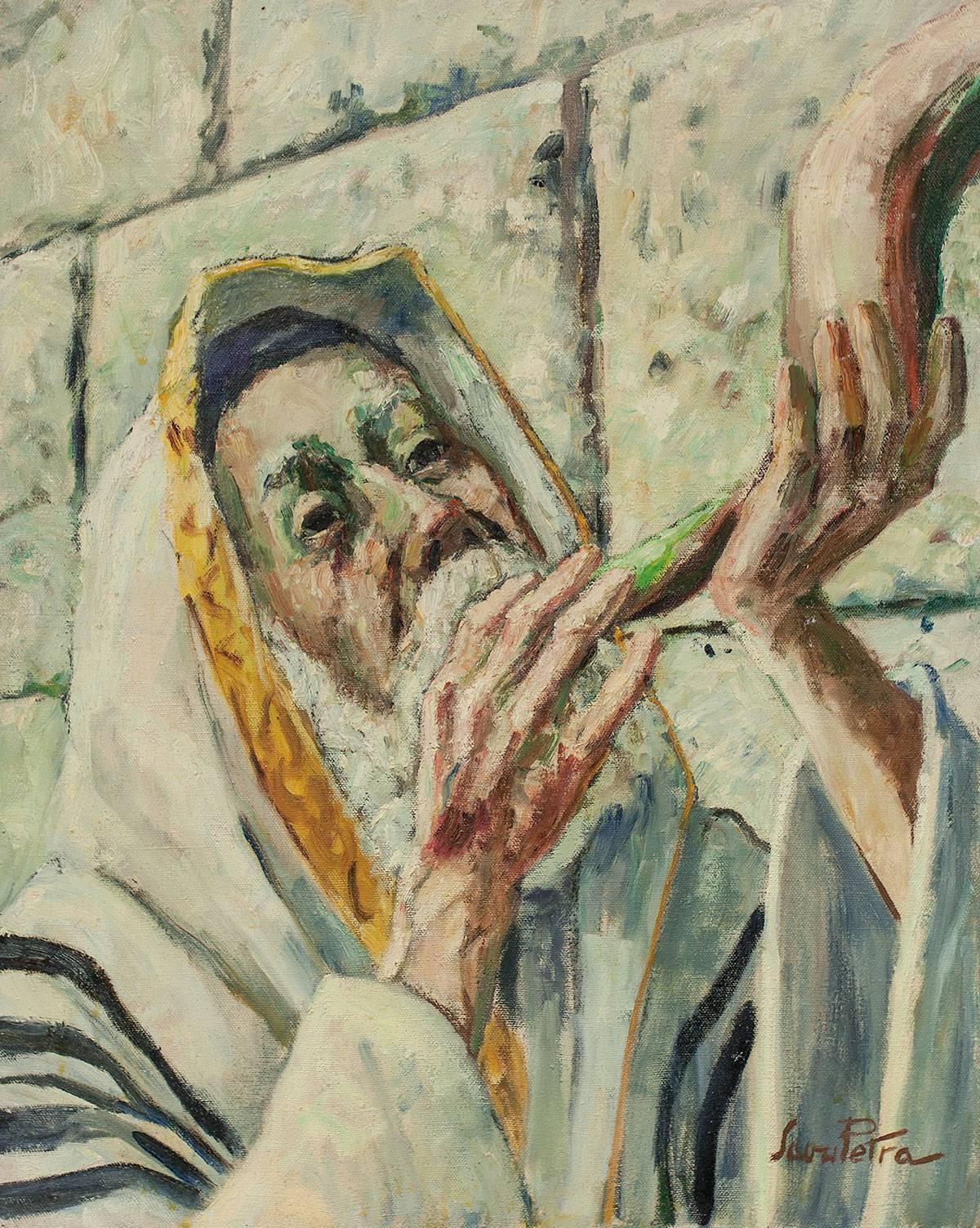 Pintura Judaica Soplando el Shofar en el Muro de las Lamentaciones - Painting de Savu Petra Dan