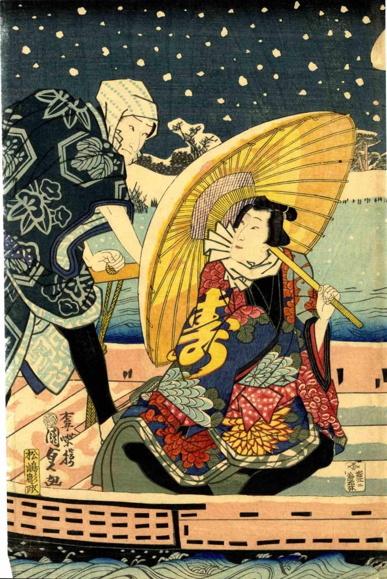 Sawamura Tanosuke Figurative Print - Kabuki - Woodcut by Utagawa Kunisada II - 1862