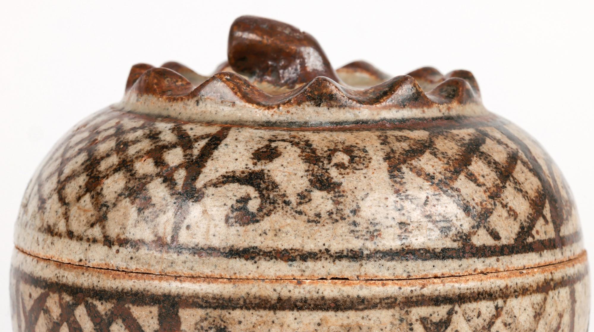 Sawankhalok Thai Pottery Hand Painted Lidded Vessel For Sale 7