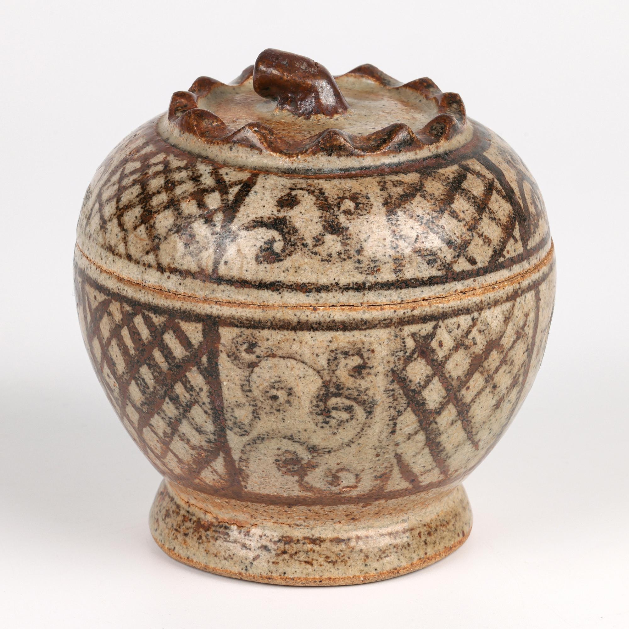 Sawankhalok Thai Pottery Hand Painted Lidded Vessel For Sale 11