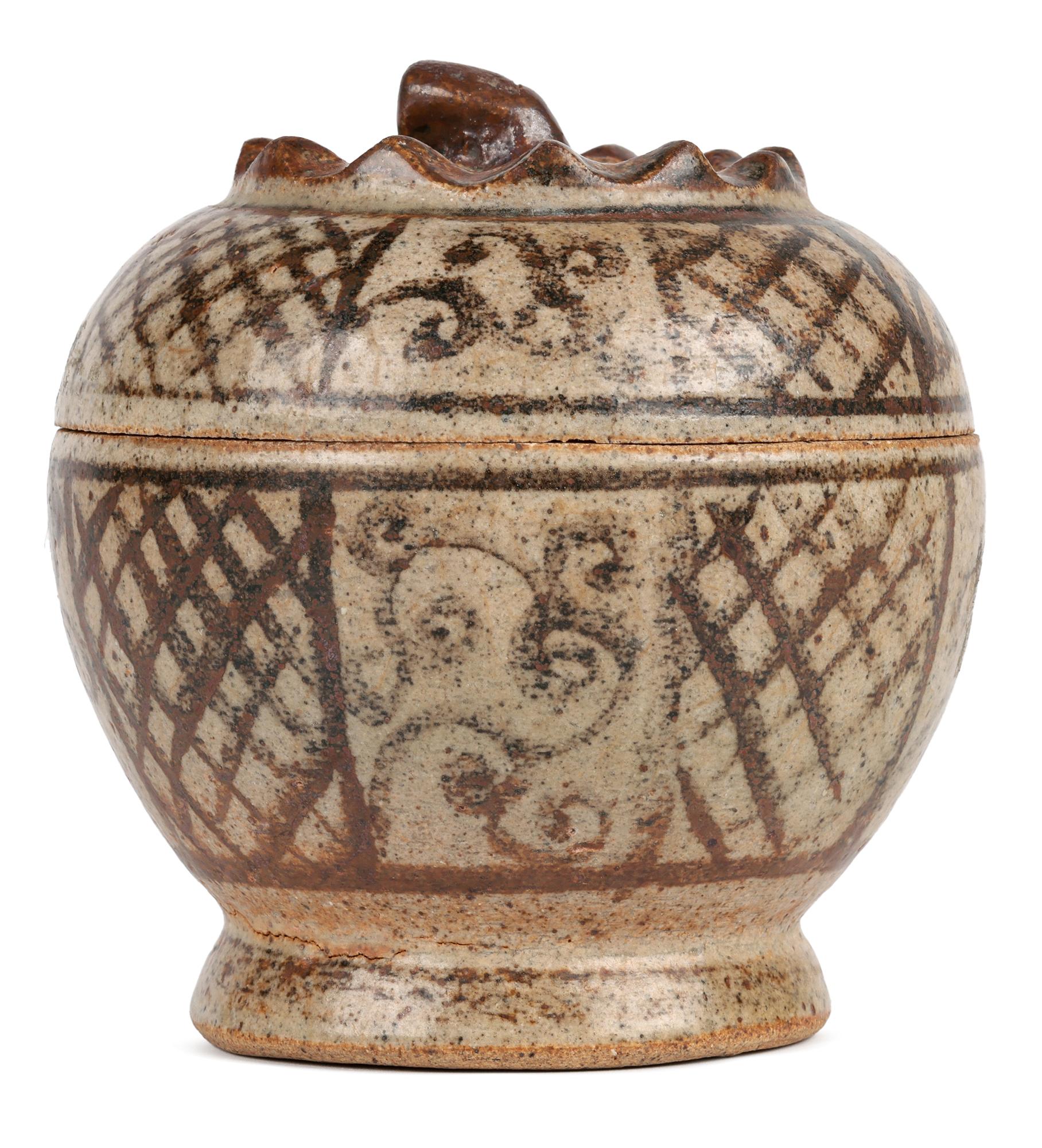Other Sawankhalok Thai Pottery Hand Painted Lidded Vessel For Sale