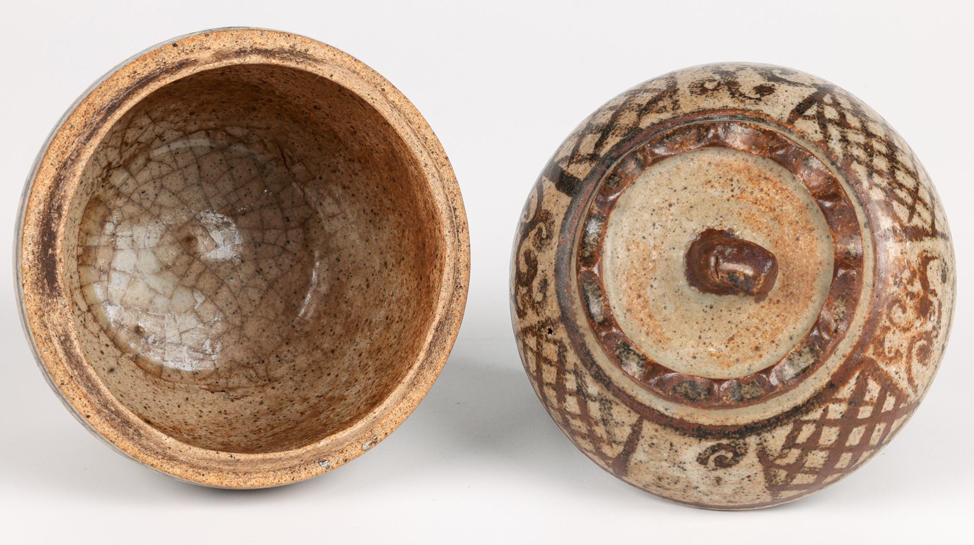 Hand-Crafted Sawankhalok Thai Pottery Hand Painted Lidded Vessel For Sale