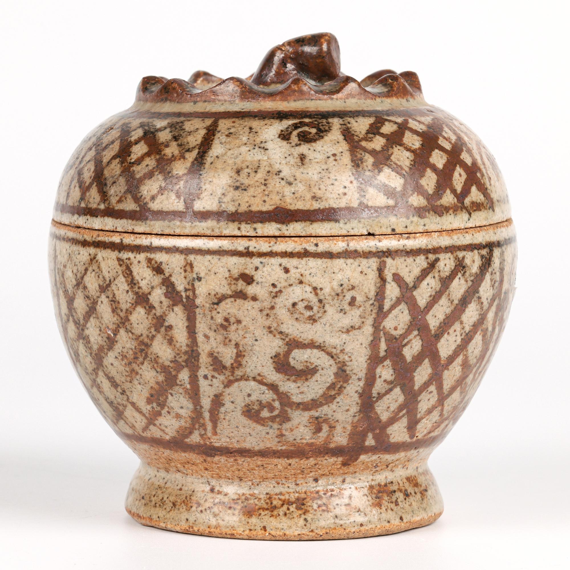 19th Century Sawankhalok Thai Pottery Hand Painted Lidded Vessel For Sale